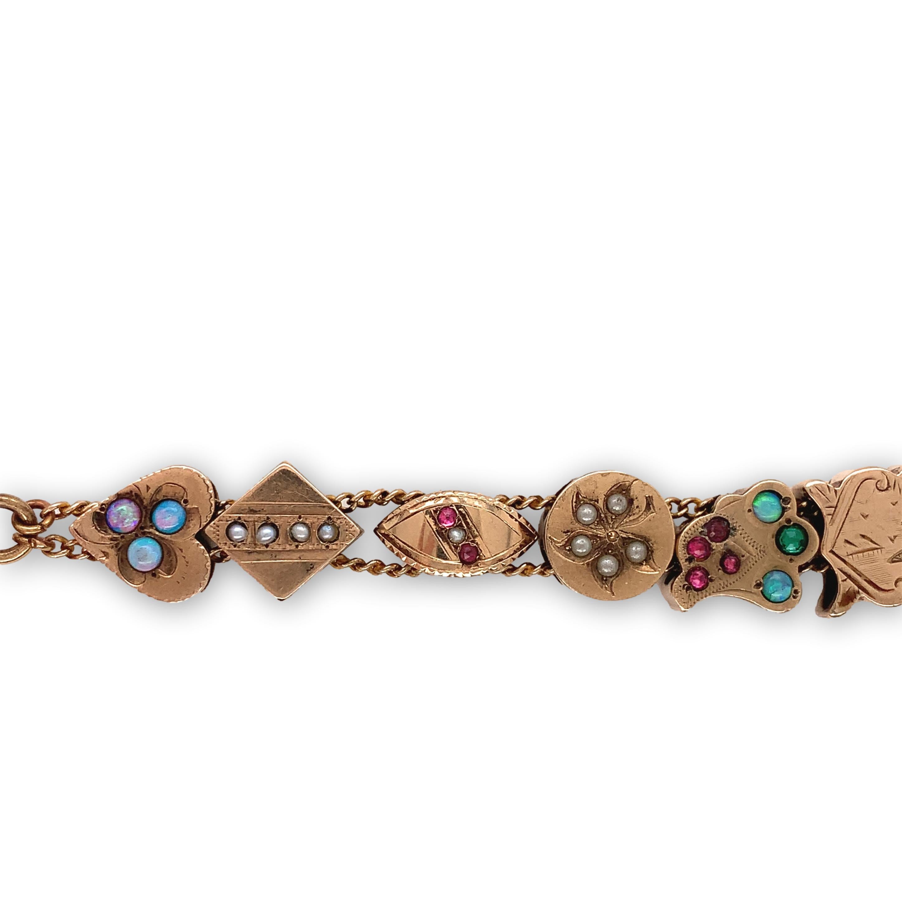 Viktorianisches 16 Schienen-Armband aus Gold mit Goldfüllung und Goldplatte aus Gold mit Opalen, Rubinen und Saatgut Damen