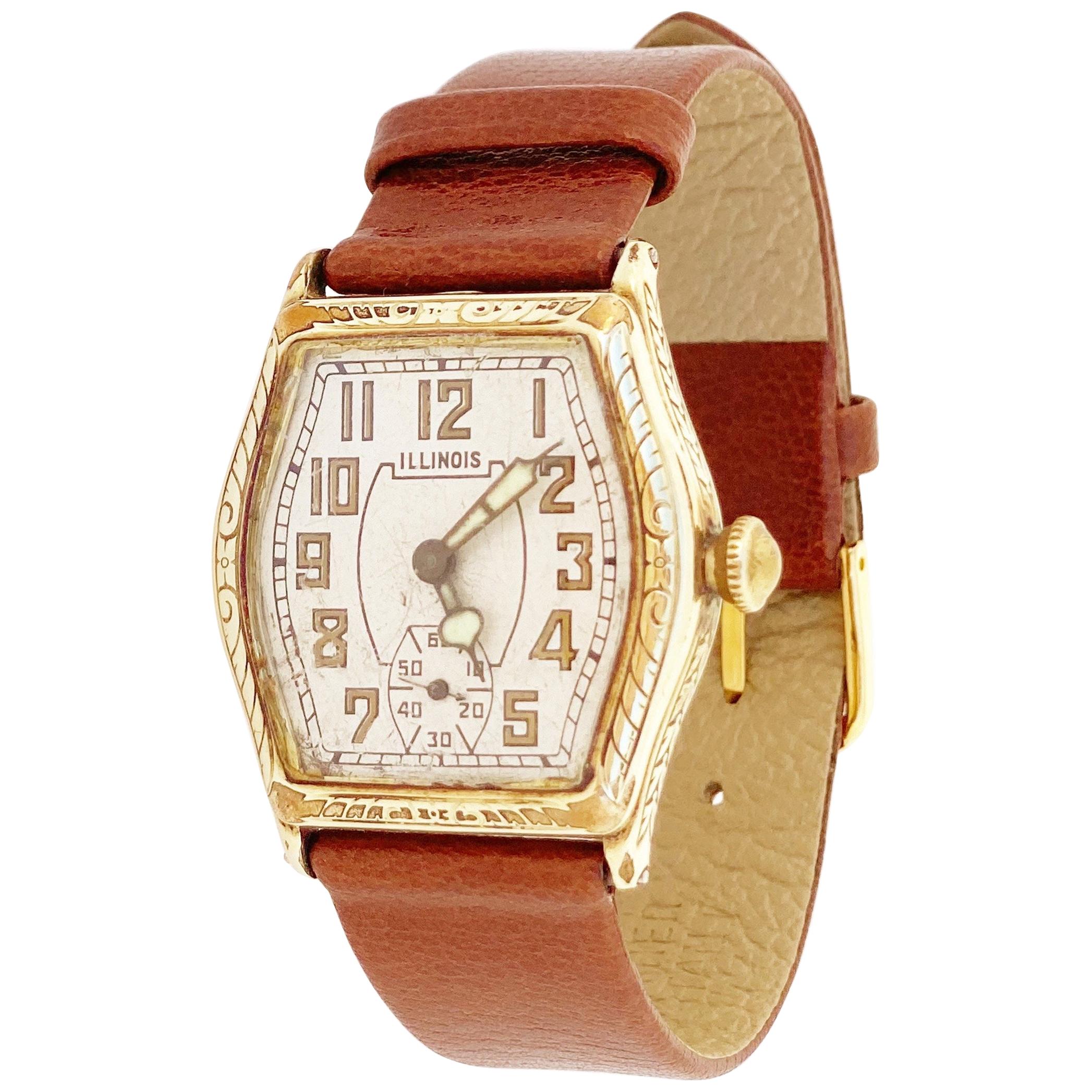 Gold Filled Art Deco Watch with Leather Strap by Illinois, 1920s