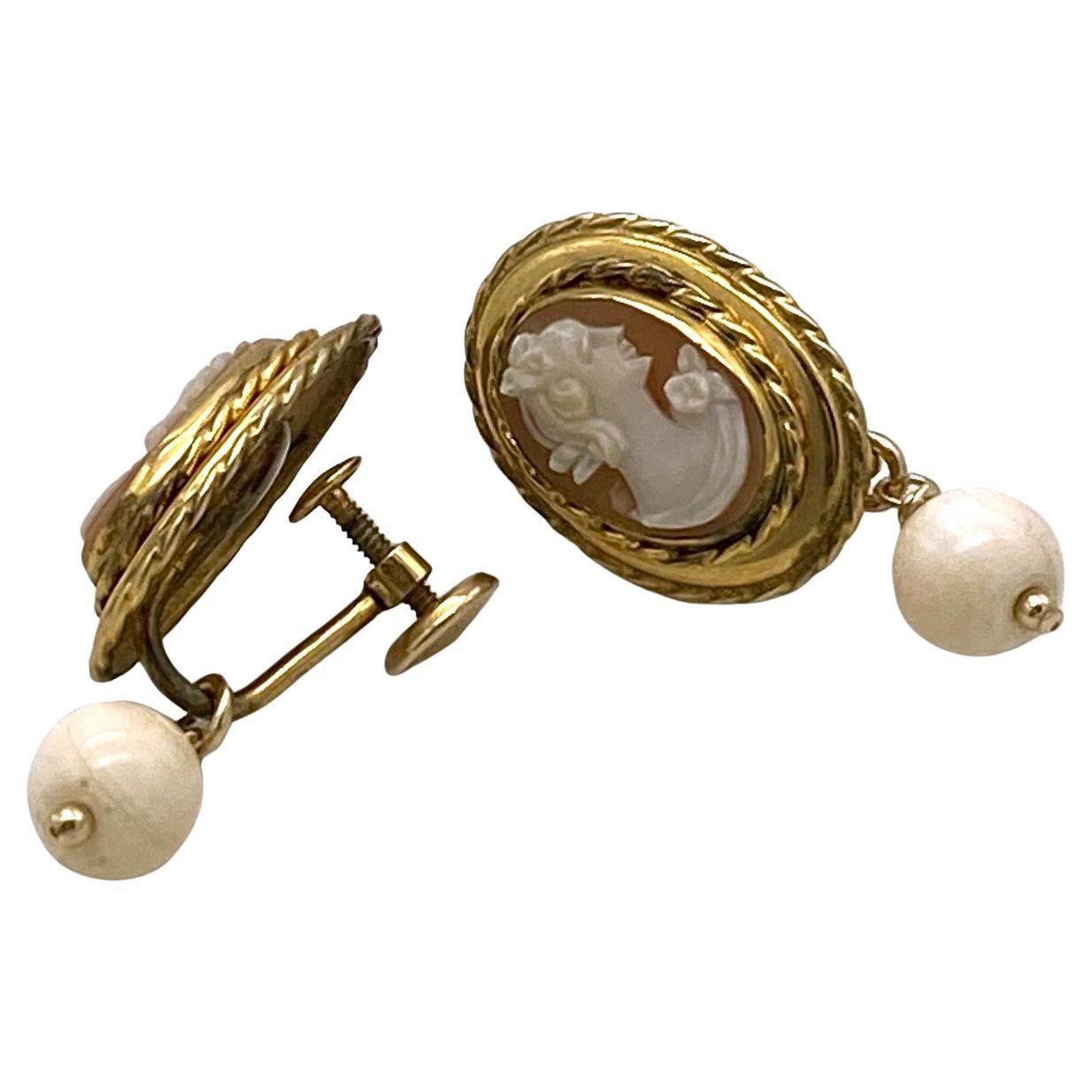 Artisan Gold Filled Cameo Dangle Earrings For Sale
