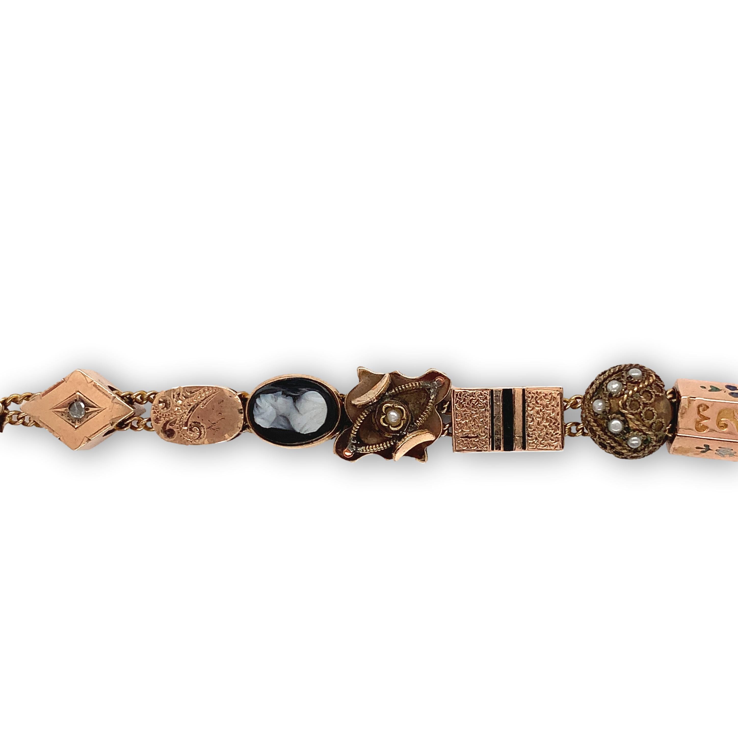 Round Cut Gold Filled & Gold Top Victorian 15 Slides Bracelet with Variety of Gemstones