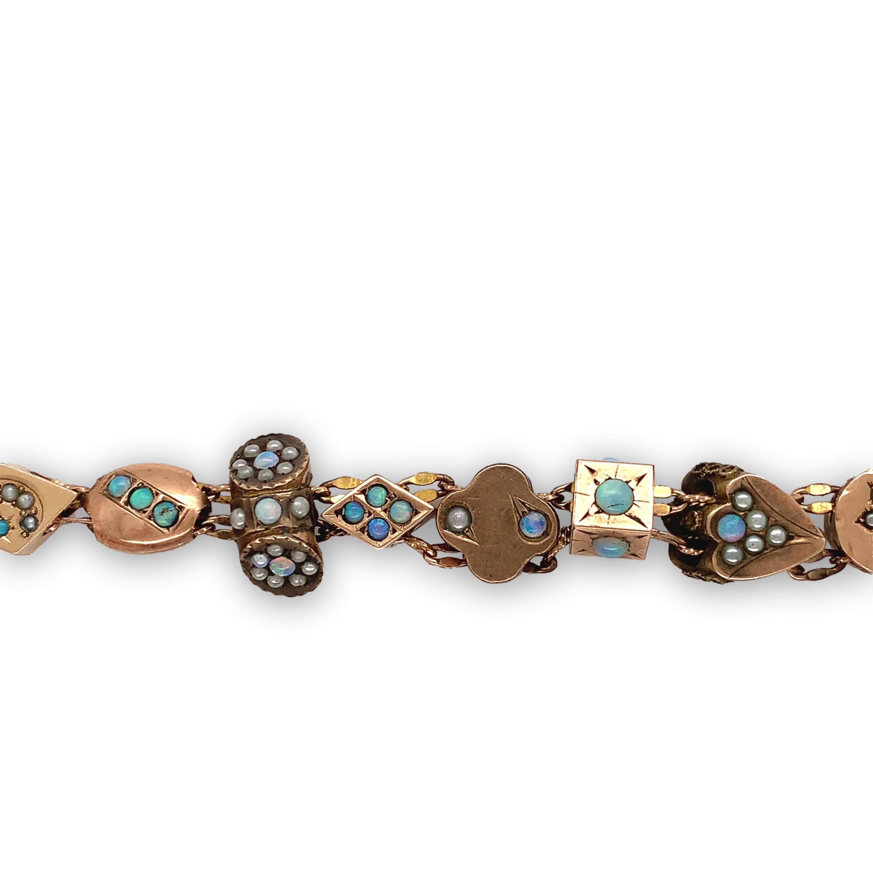 Gold gefüllt & Gold Top Victorian 16 Slide Armband w Opale, Perlen & Türkis (Viktorianisch)