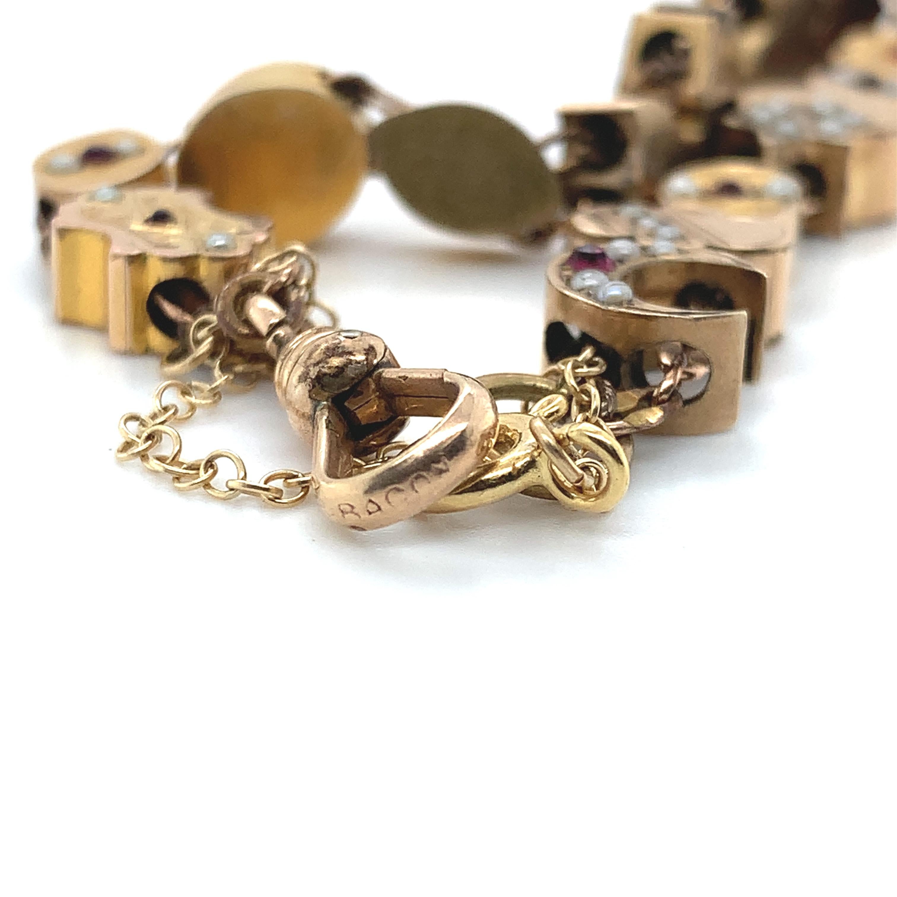 Gold Filled & Gold Top Victorian 16 Slide Bracelet with Garnets, Rubies, & Pearl For Sale 5