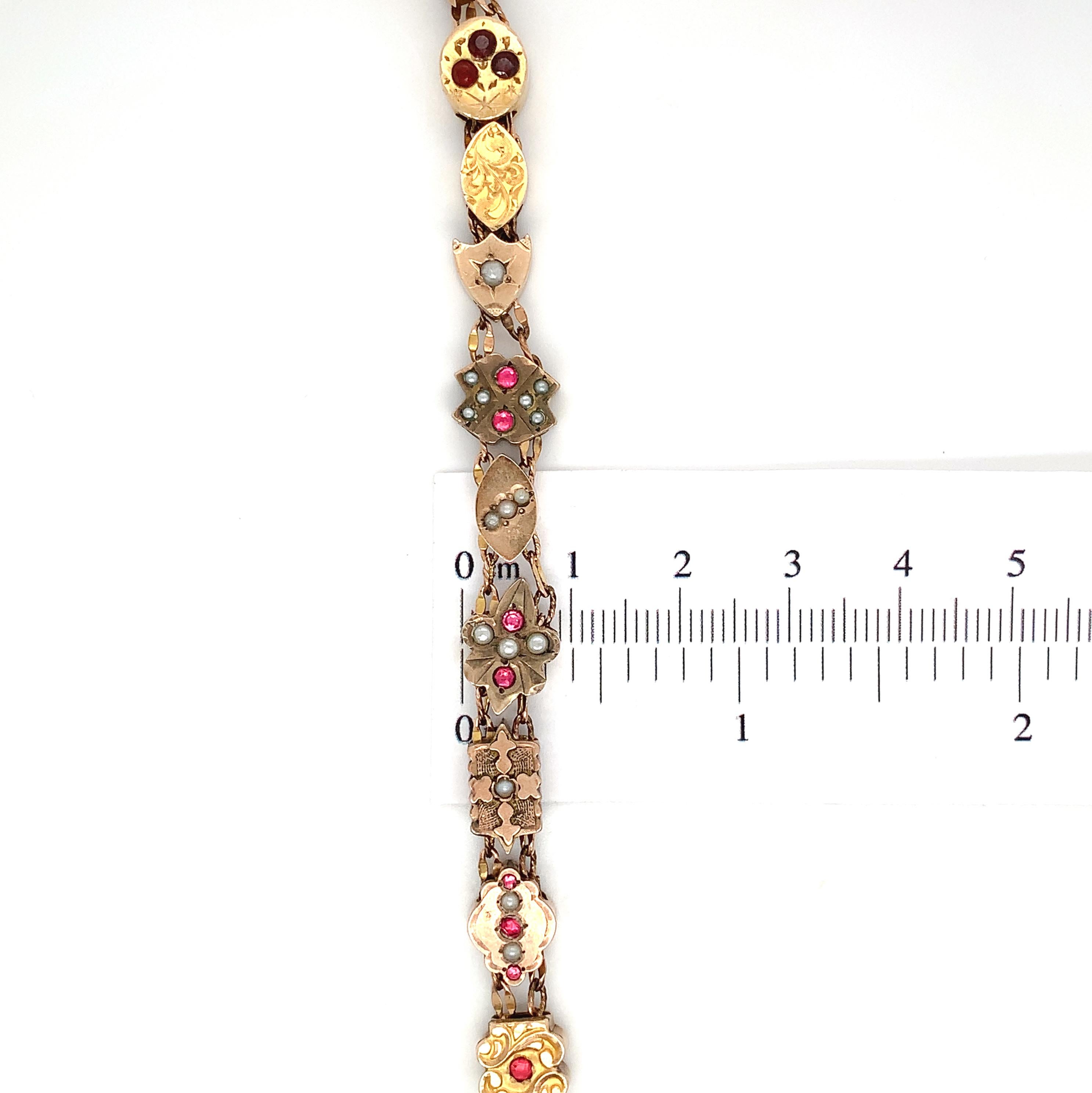 Gold Filled & Gold Top Victorian 16 Slide Bracelet with Garnets, Rubies, & Pearl For Sale 6