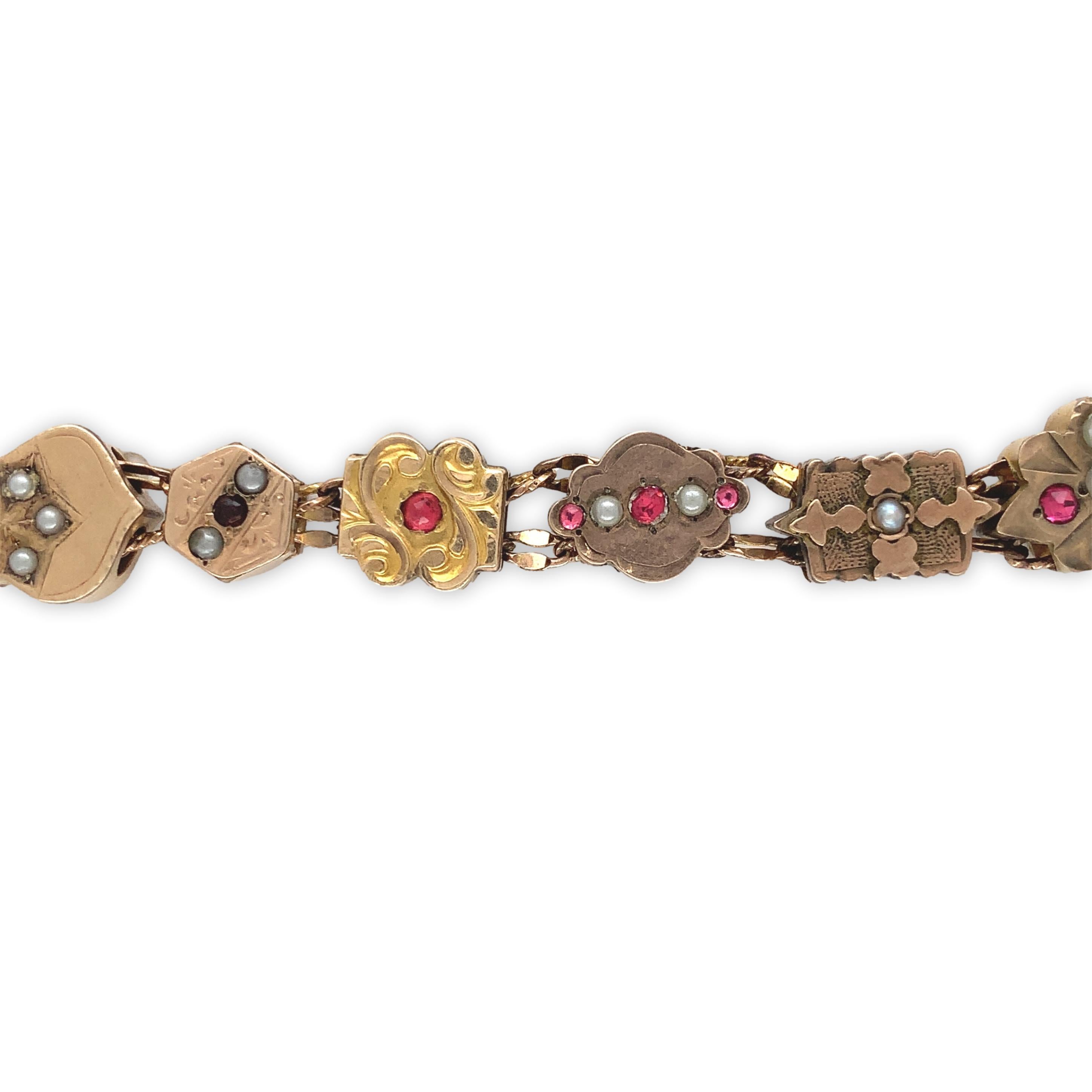 Round Cut Gold Filled & Gold Top Victorian 16 Slide Bracelet with Garnets, Rubies, & Pearl For Sale