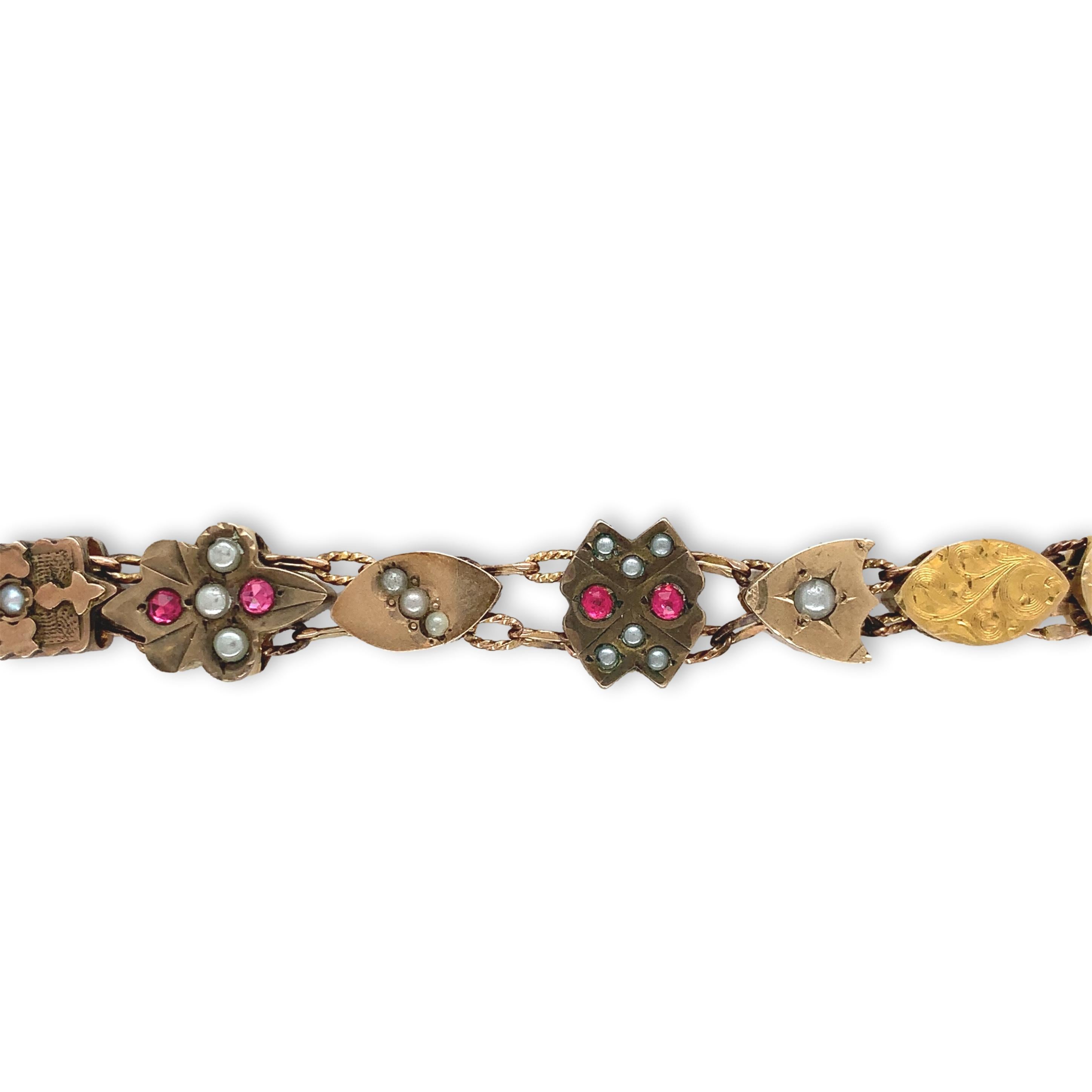 Gold Filled & Gold Top Victorian 16 Slide Bracelet with Garnets, Rubies, & Pearl In Good Condition For Sale In Big Bend, WI