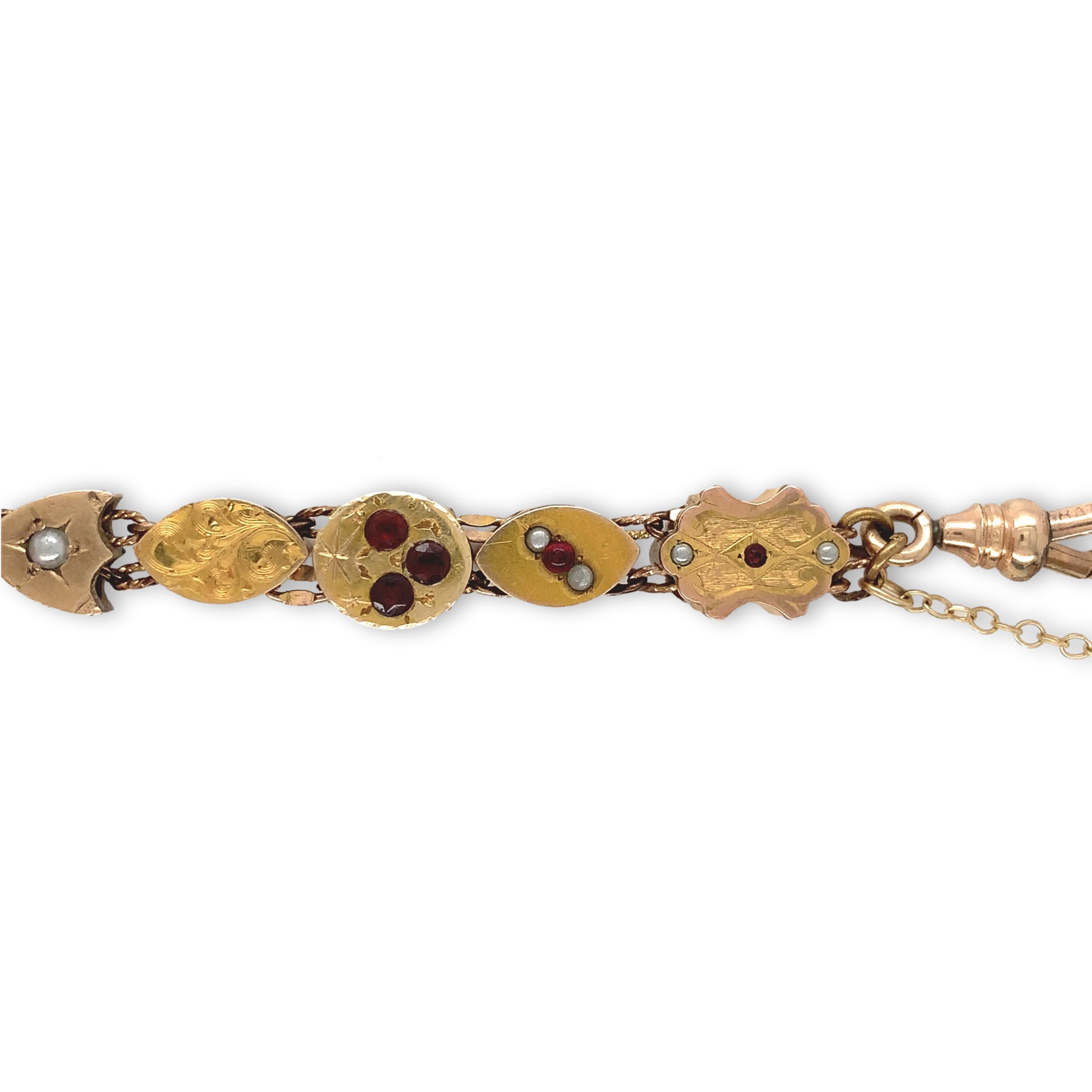 Women's Gold Filled & Gold Top Victorian 16 Slide Bracelet with Garnets, Rubies, & Pearl For Sale