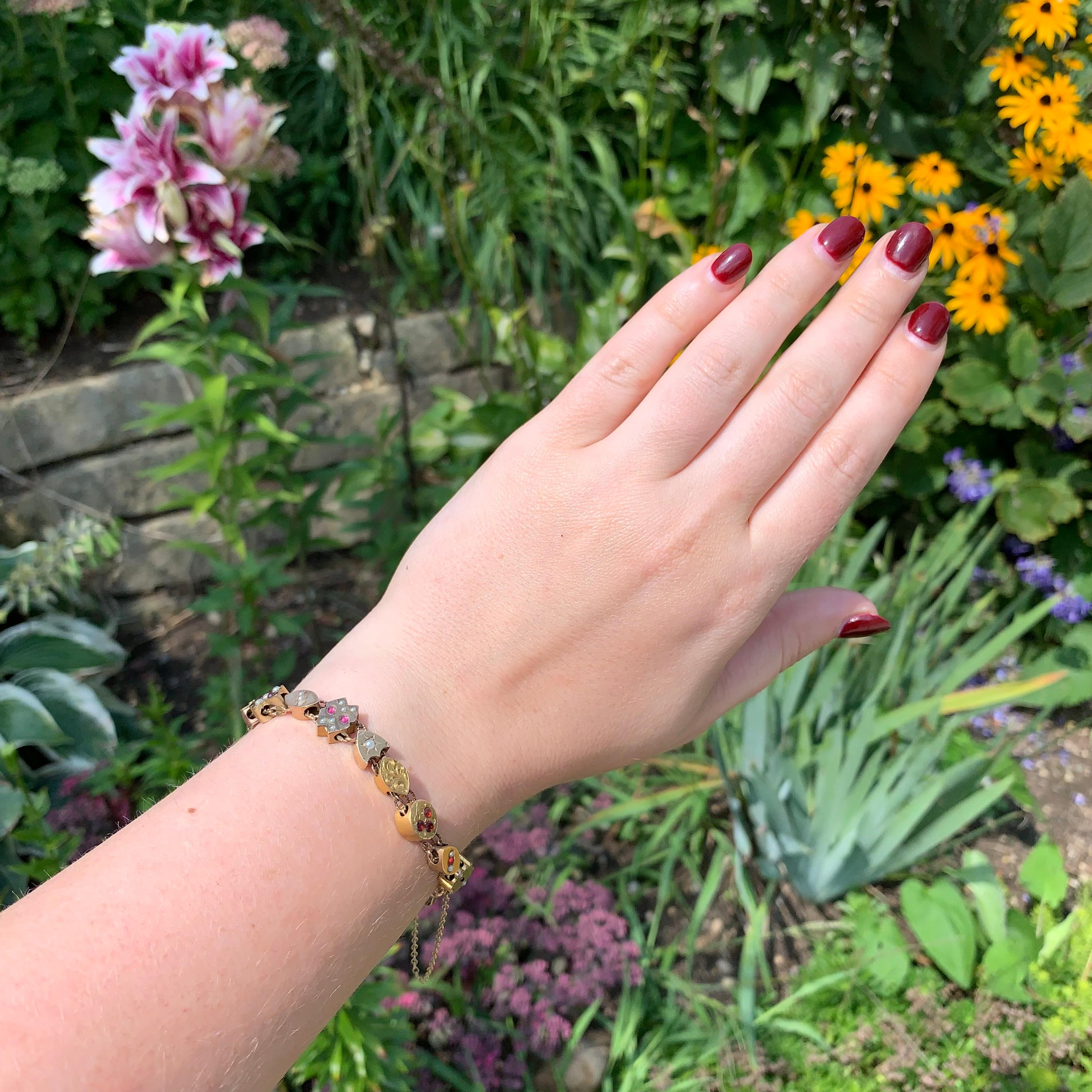 Gold Filled & Gold Top Victorian 16 Slide Bracelet with Garnets, Rubies, & Pearl For Sale 2
