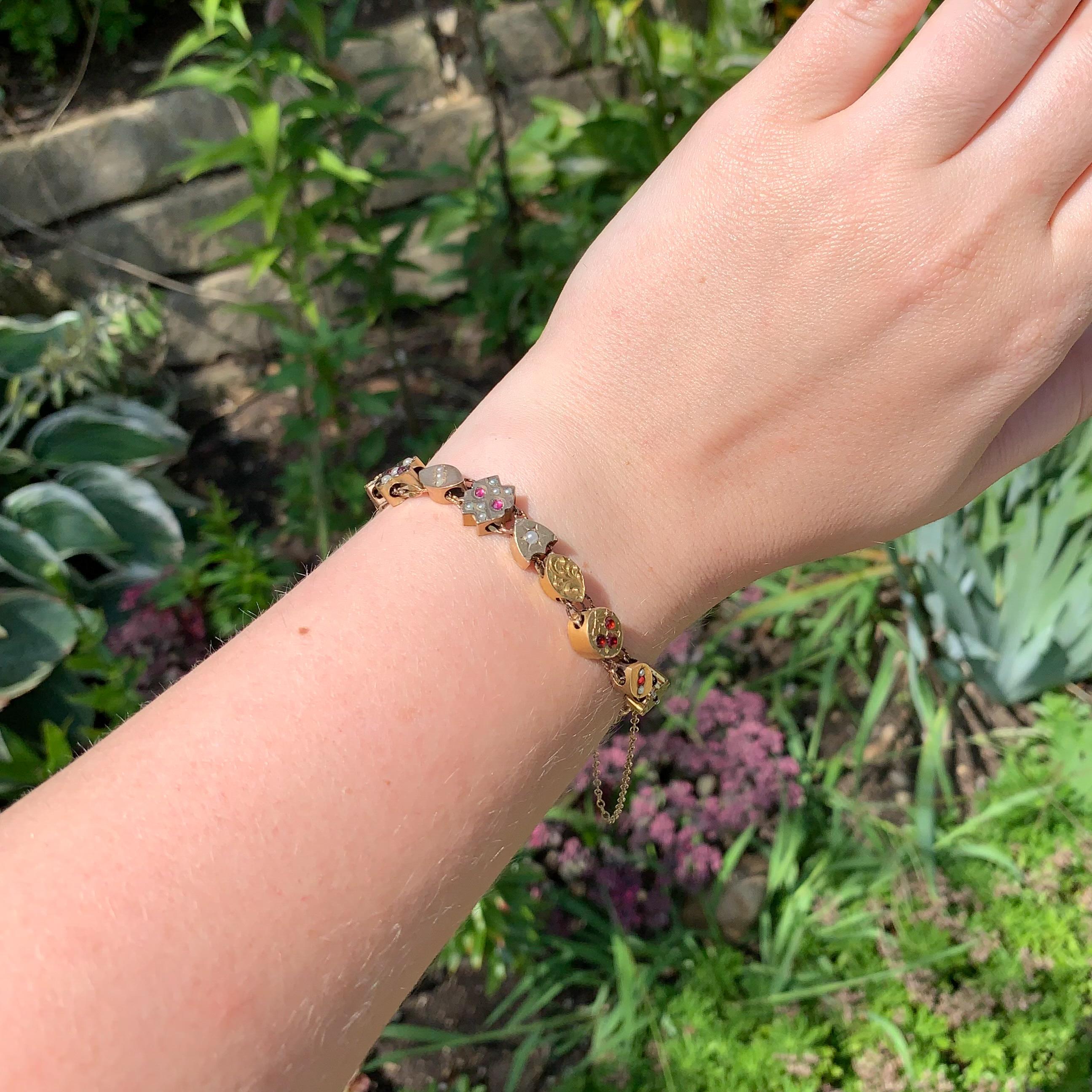 Gold Filled & Gold Top Victorian 16 Slide Bracelet with Garnets, Rubies, & Pearl For Sale 3