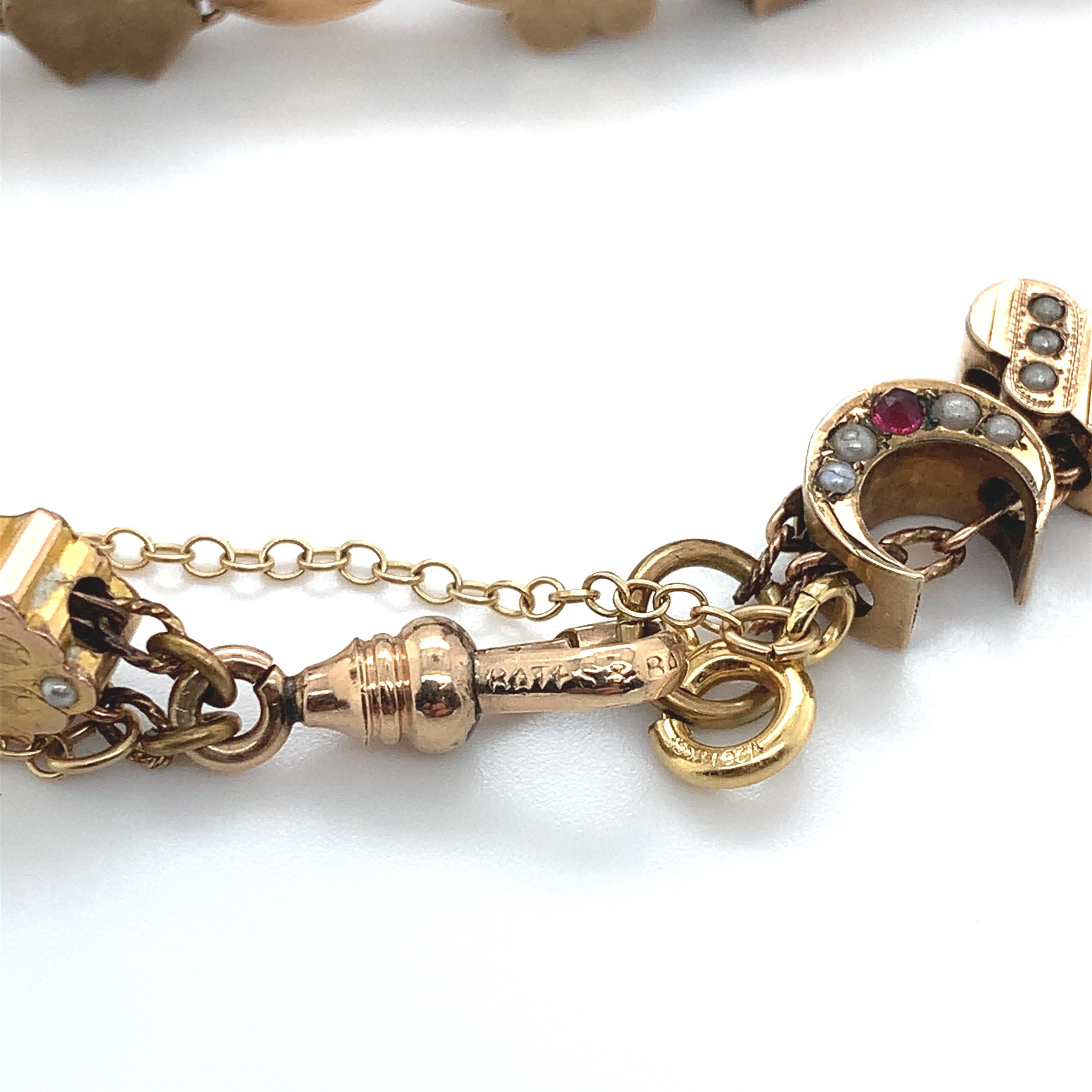 Gold Filled & Gold Top Victorian 16 Slide Bracelet with Garnets, Rubies, & Pearl For Sale 4