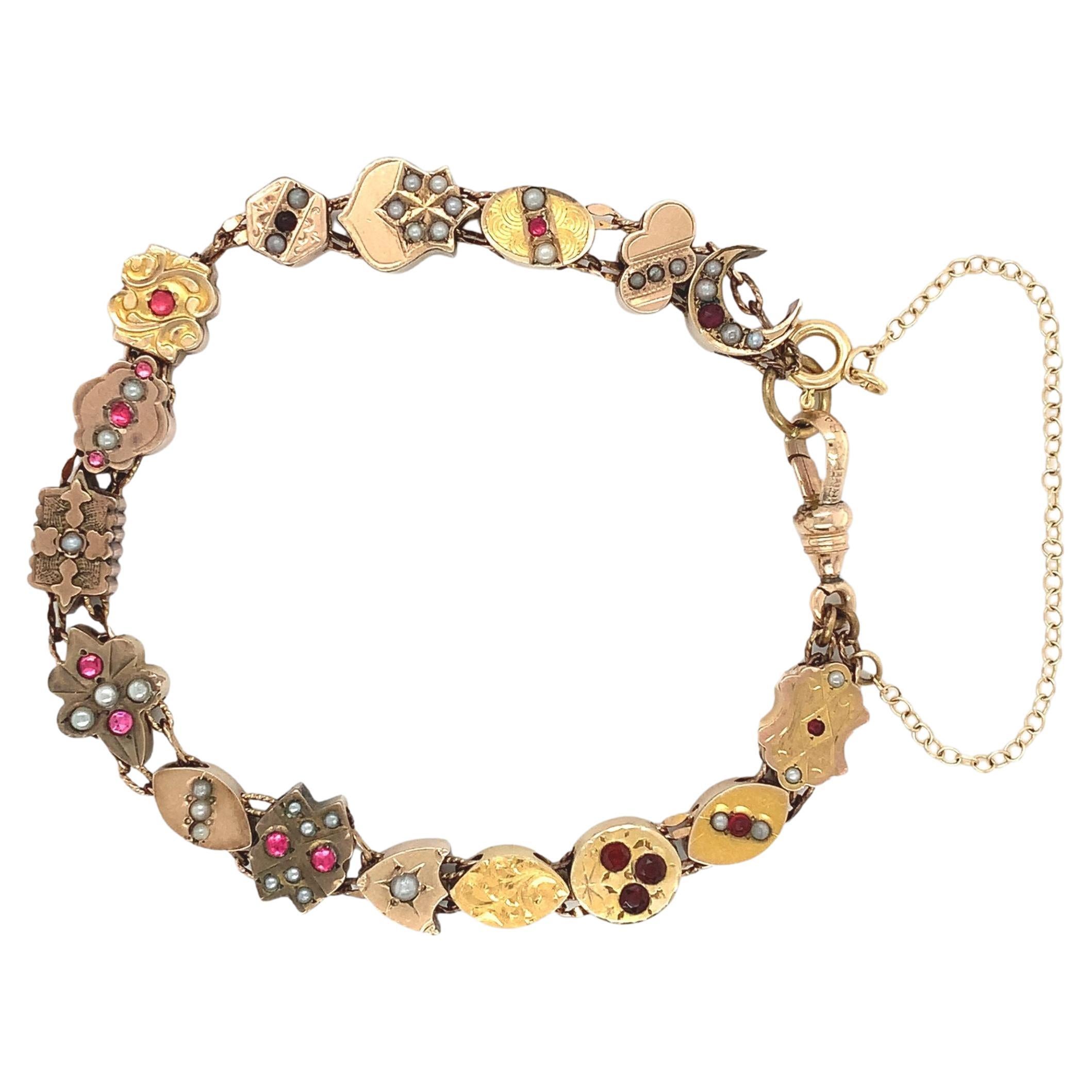 Gold Filled & Gold Top Victorian 16 Slide Bracelet with Garnets, Rubies, & Pearl