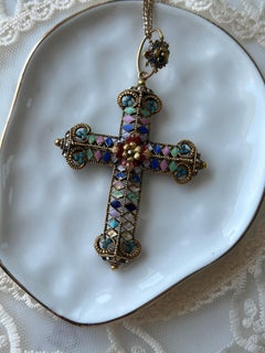 Gold Filled Indian Polychrome Enamel Diamond and Floral Motif Cross Pendant