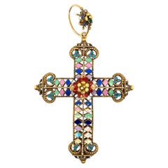 Gold Filled Indian Polychrome Enamel Diamond and Floral Motif Cross Pendant