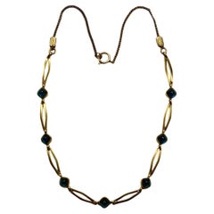Gold Filled Link Necklace with Blue Glass Cabochon Stones circa 1940s