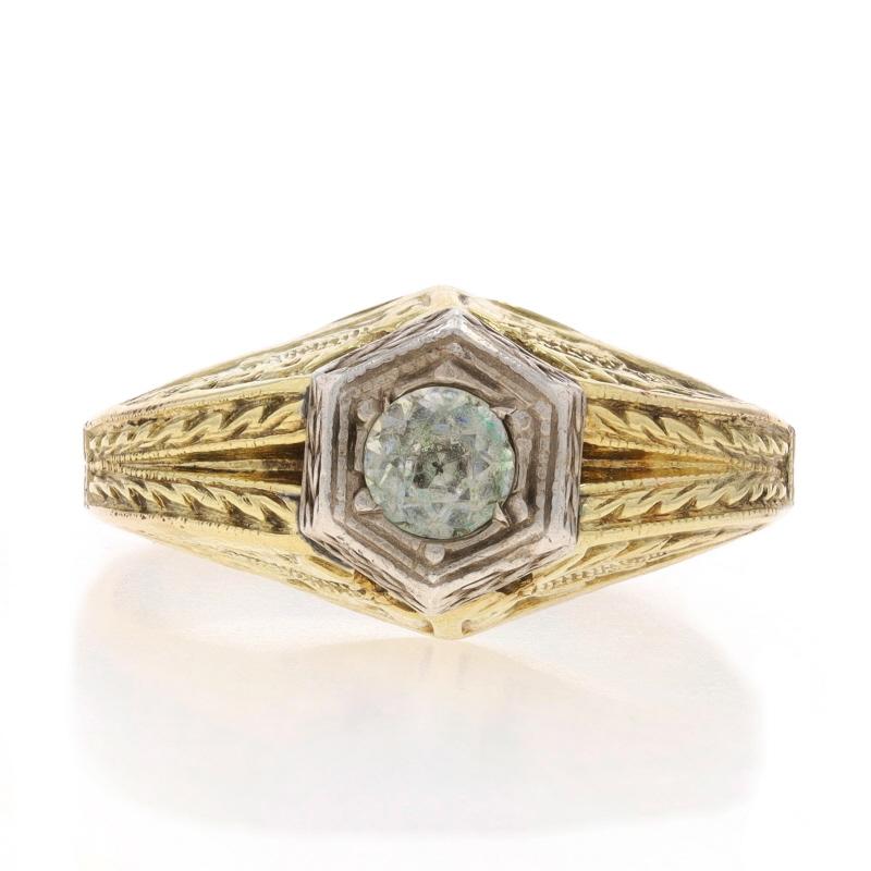 Size: 9

Era: Art Deco
Date: 1920s - 30s

Metal Content: Gold Filled with 14k Gold Shell

Stone Information
Rhinestone

Style: Solitaire
Features: Etched Milgrain Detailing

Measurements
Face Height (north to south): 3/8