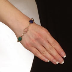 Gold Filled Tiger's Eye Chalcedony Vintage Link Bracelet Scarab Beetles