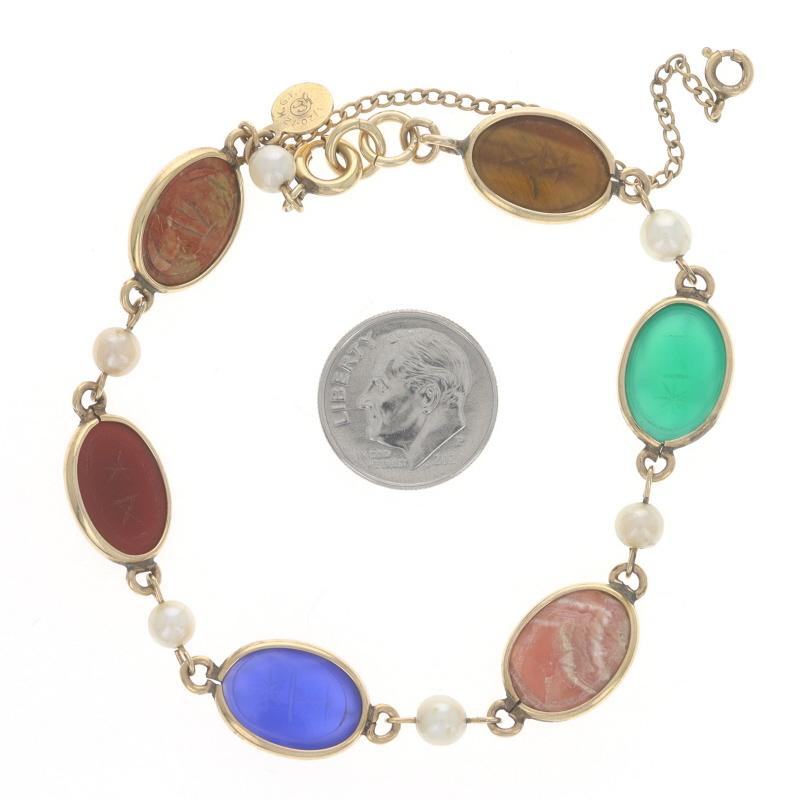 Women's Gold Filled Tiger's Eye Chalcedony Vintage Link Bracelet Scarab Beetles