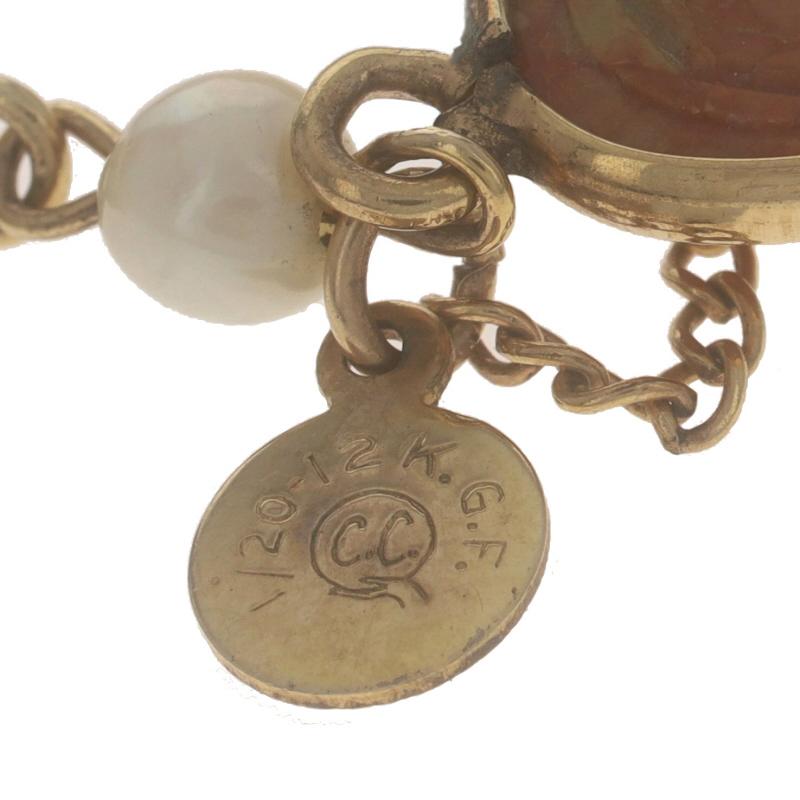 Gold Filled Tiger's Eye Chalcedony Vintage Link Bracelet Scarab Beetles 1