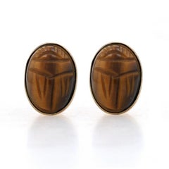 Gold Filled Tiger's Eye Stud Earrings - Carved Scarab Oval Cabochon Non-Pierced