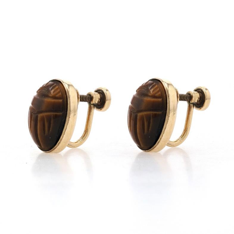 Oval Cut Gold Filled Tiger's Eye Stud Earrings - Carved Scarab Oval Cabochon Non-Pierced For Sale