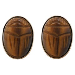 Gold Filled Tiger's Eye Stud Earrings - Carved Scarab Oval Cabochon Non-Pierced
