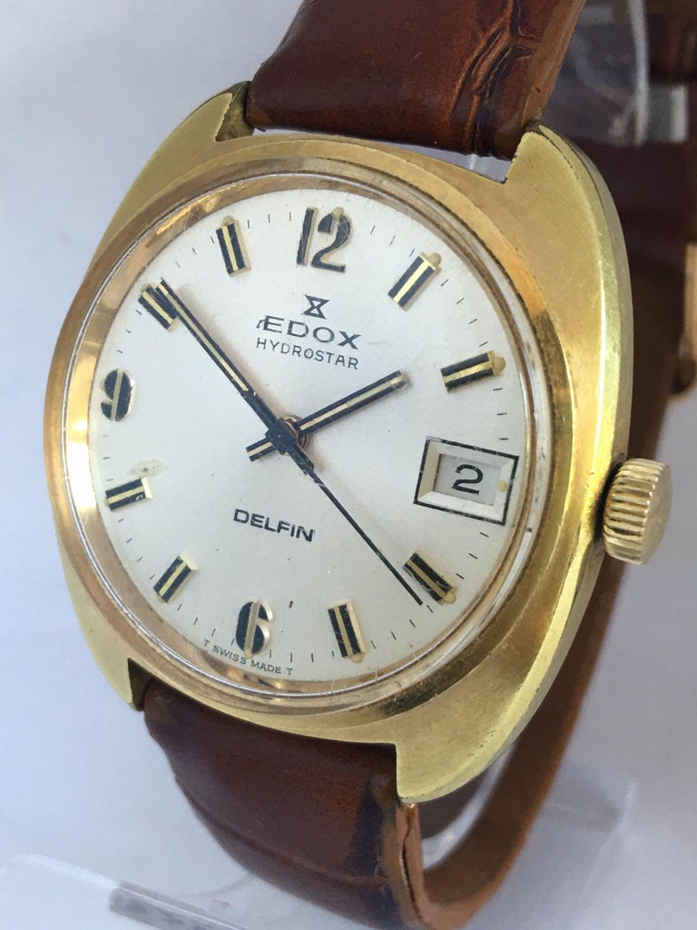 Gold Filled Vintage 1970s Edox Hydrostar Delfin Mechanical Watch For