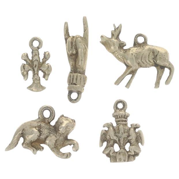Gold Filled Vintage 5 Charm Set Fleur-de-lis Sign Language Deer Cat Coat of Arms For Sale