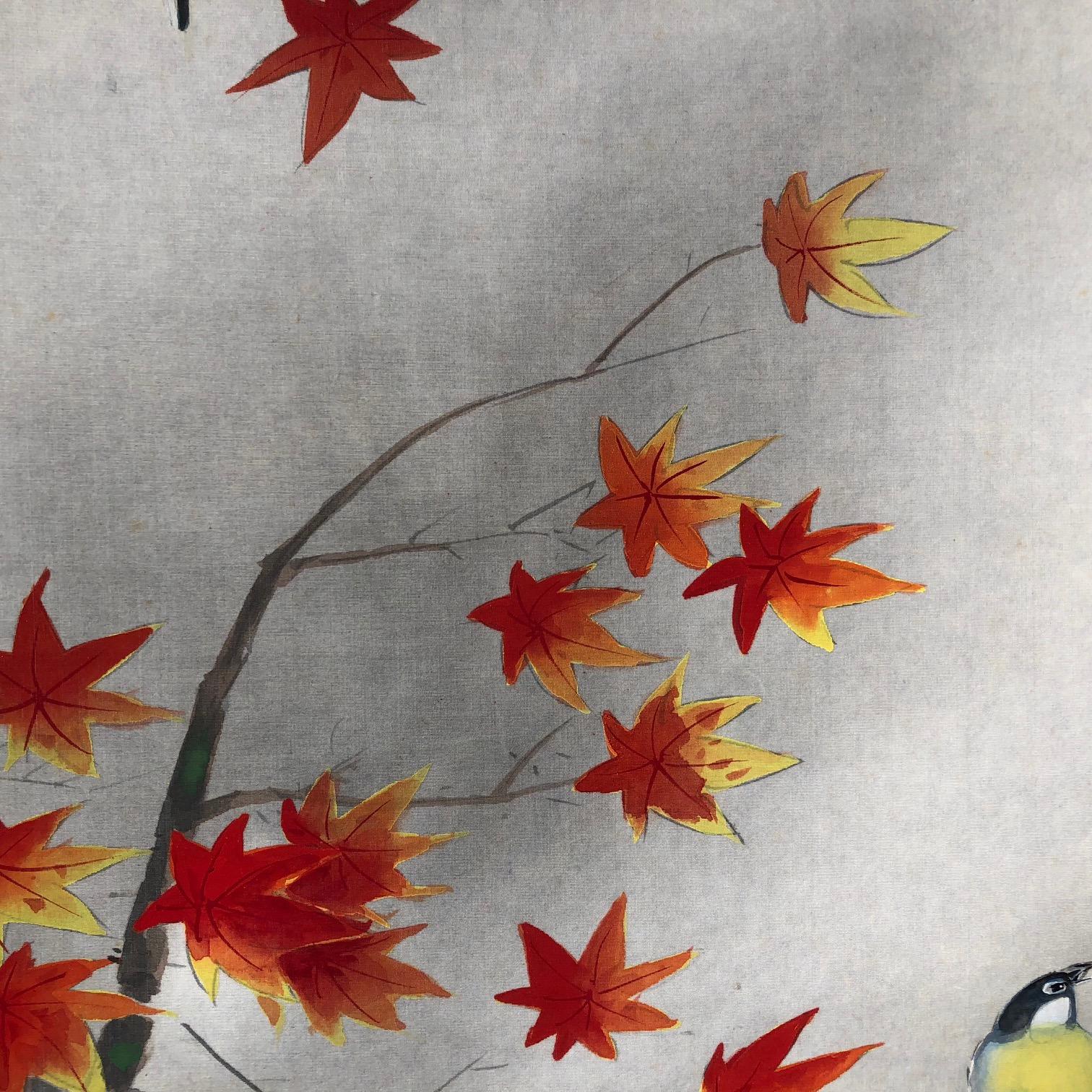  Japanese Hand-Painted Silk Scroll Gold Finch and Maples 4