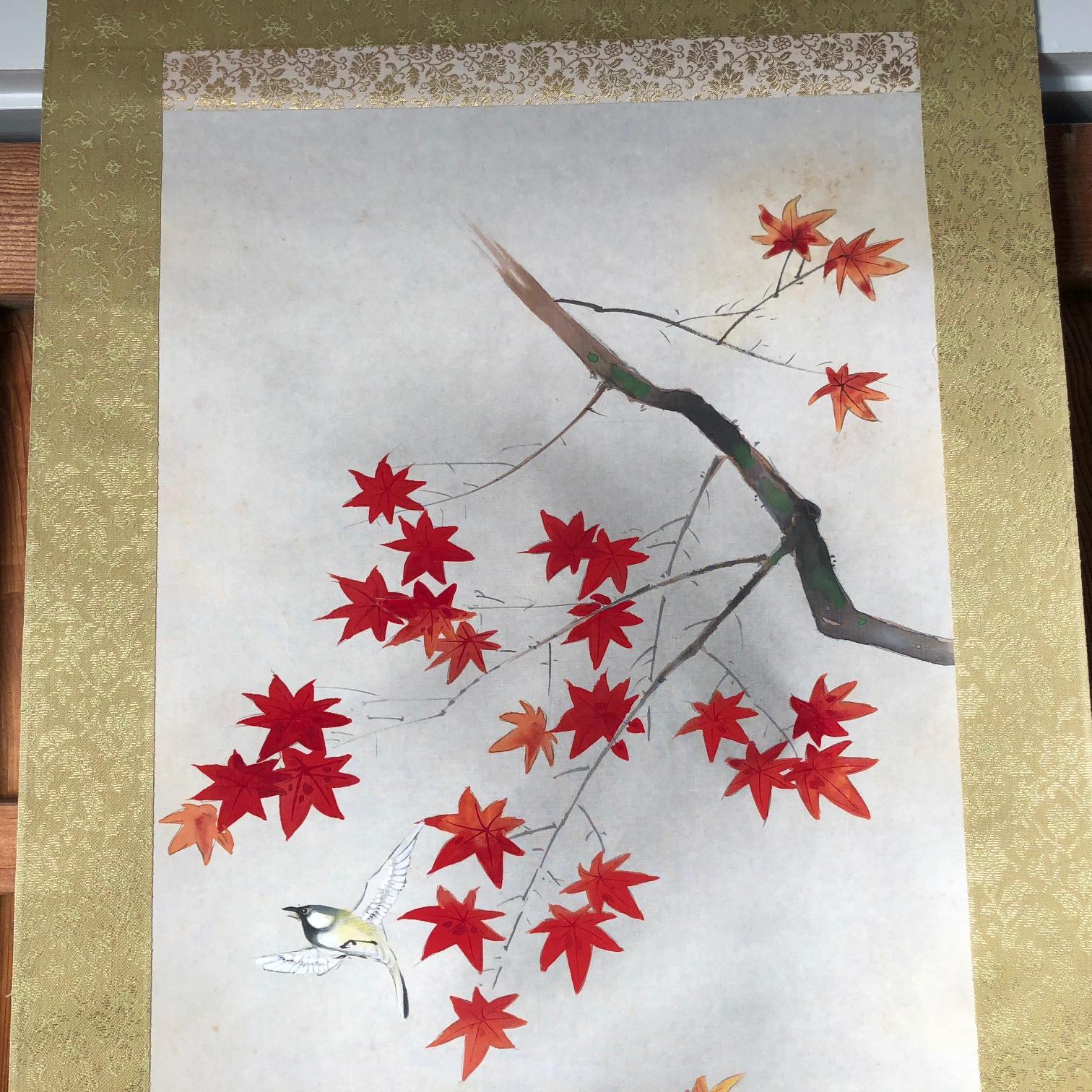 Taisho  Japanese Hand-Painted Silk Scroll Gold Finch and Maples