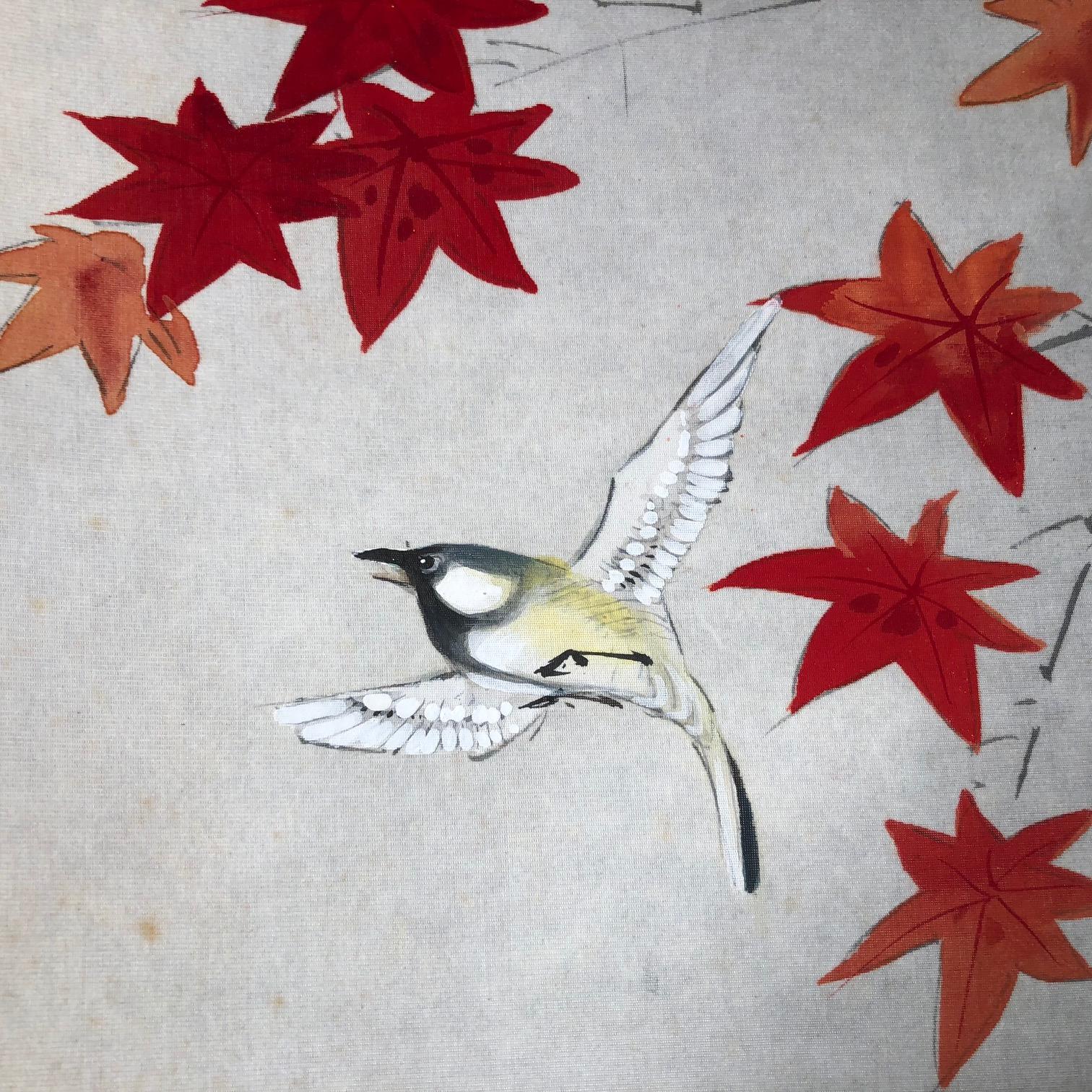  Japanese Hand-Painted Silk Scroll Gold Finch and Maples In Good Condition In South Burlington, VT