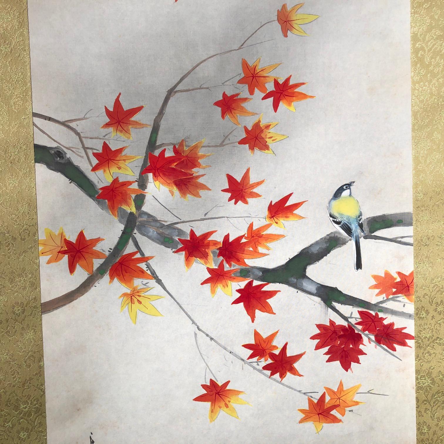 20th Century  Japanese Hand-Painted Silk Scroll Gold Finch and Maples