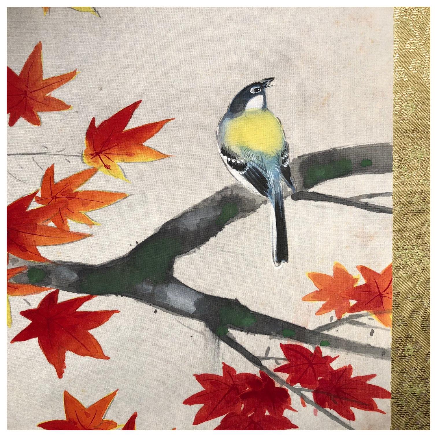  Japanese Hand-Painted Silk Scroll Gold Finch and Maples