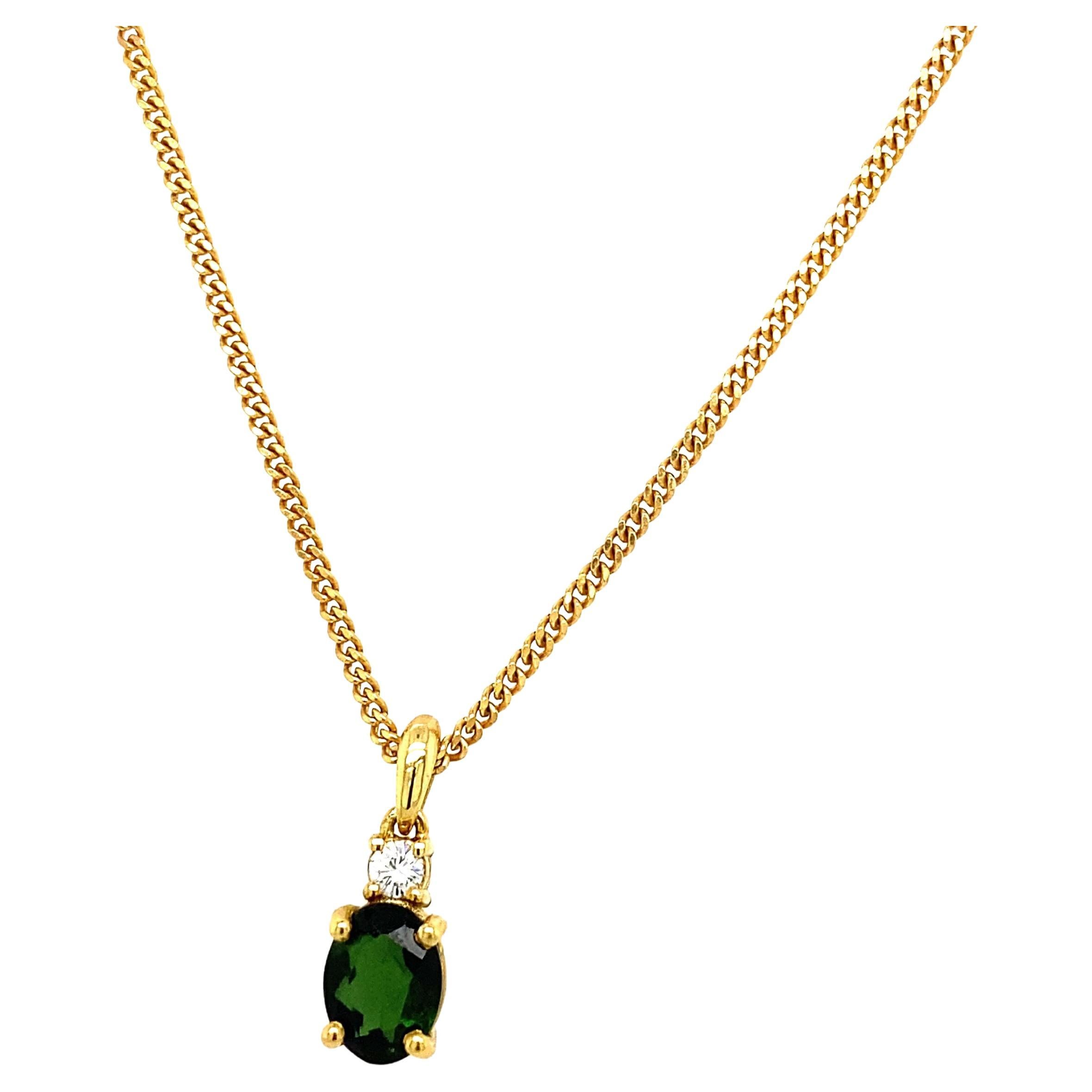 Gold Fine Quality 1.18ct Oval Green Tourmaline & Diamond Pendant in 18ct Yellow For Sale