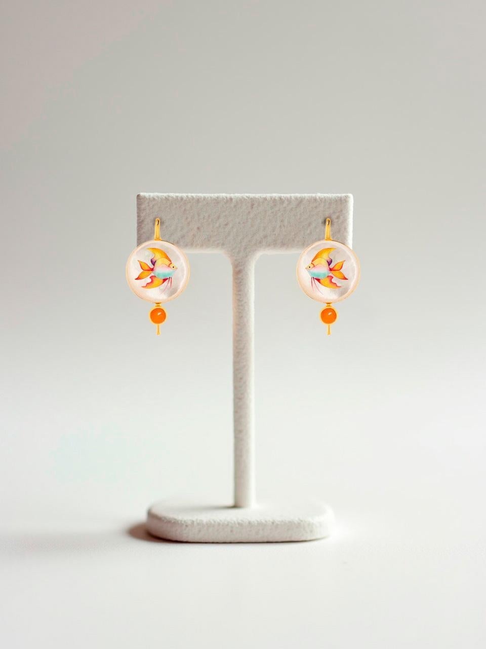 Mother Of Pearl Shell Stud Earrings with carnelian and  fish drawing. Handmade sea, ocean anymals fauna Shell Earrings with carnelian. Beach Wedding bridal stud earrings. Mother of pearl beach earrings. Shell paint earrings. Wearable art earrings