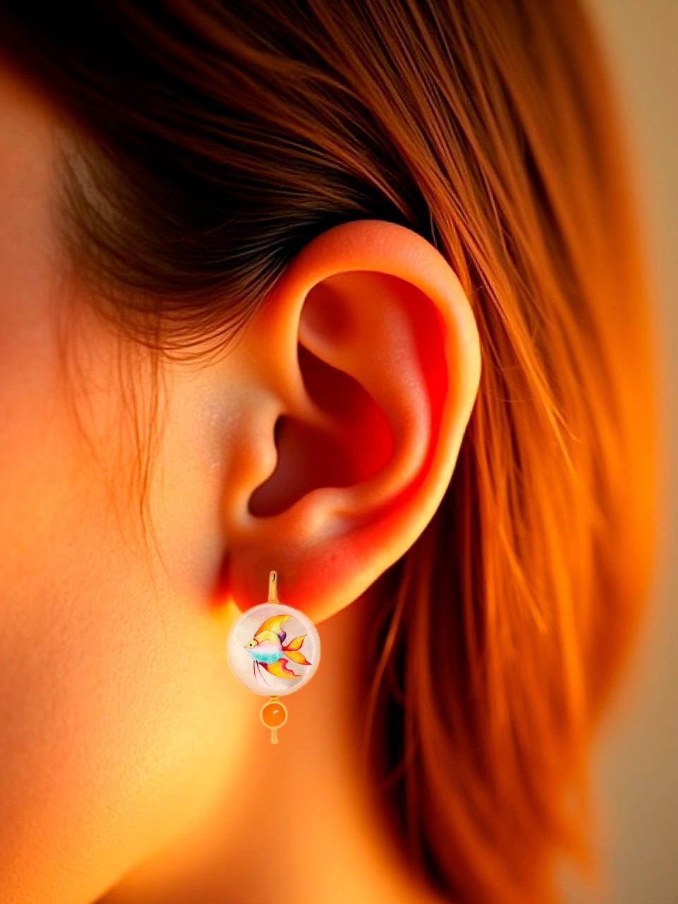 Modern Gold fish earrings with carnelian and Mother of pearl For Sale
