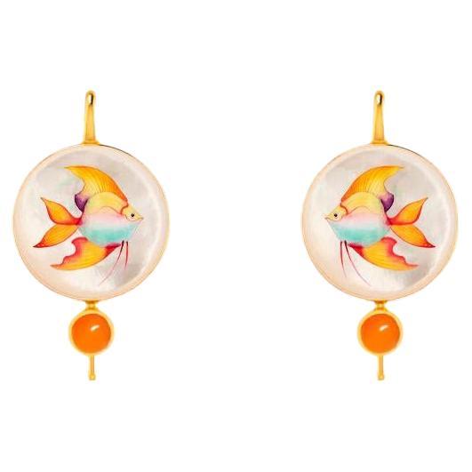 Gold fish earrings with carnelian and Mother of pearl