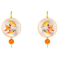 Gold fish earrings with carnelian and Mother of pearl