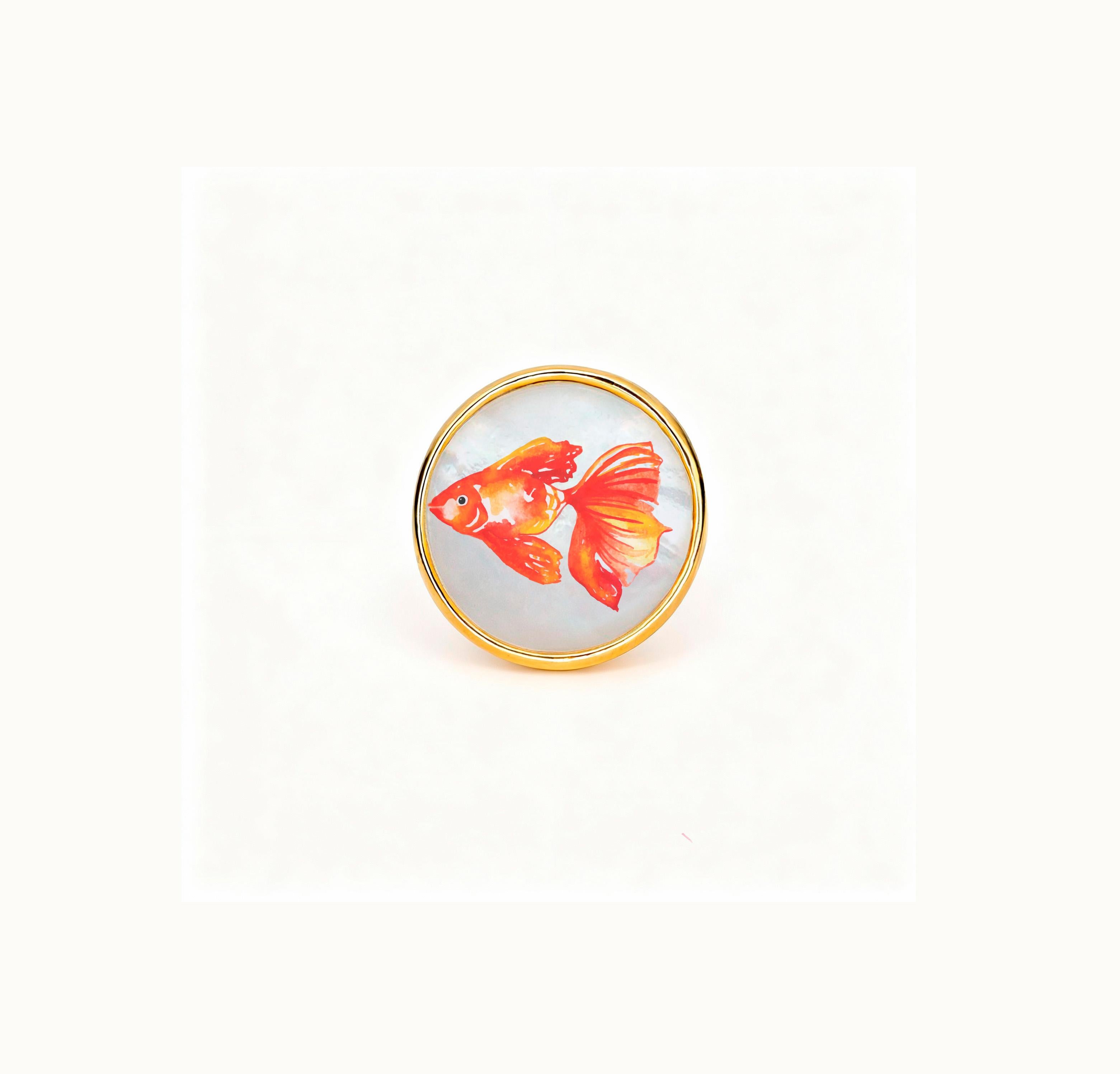 in vendita:  Anello con pesce d'oro dipinto con cammeo di madreperla, anello personalizzato 5