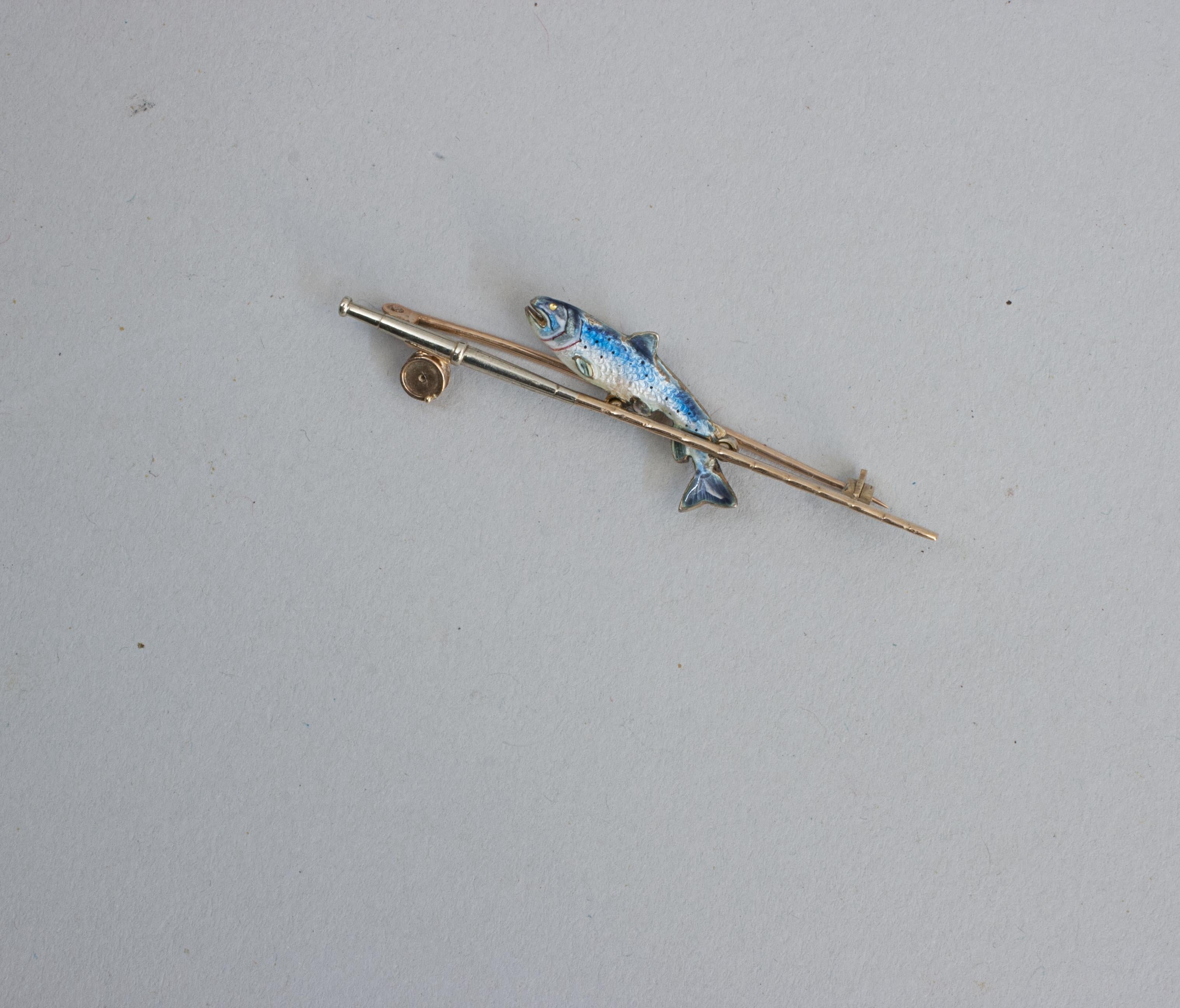 Gold Fishing Brooch With Trout And Rod For Sale 5