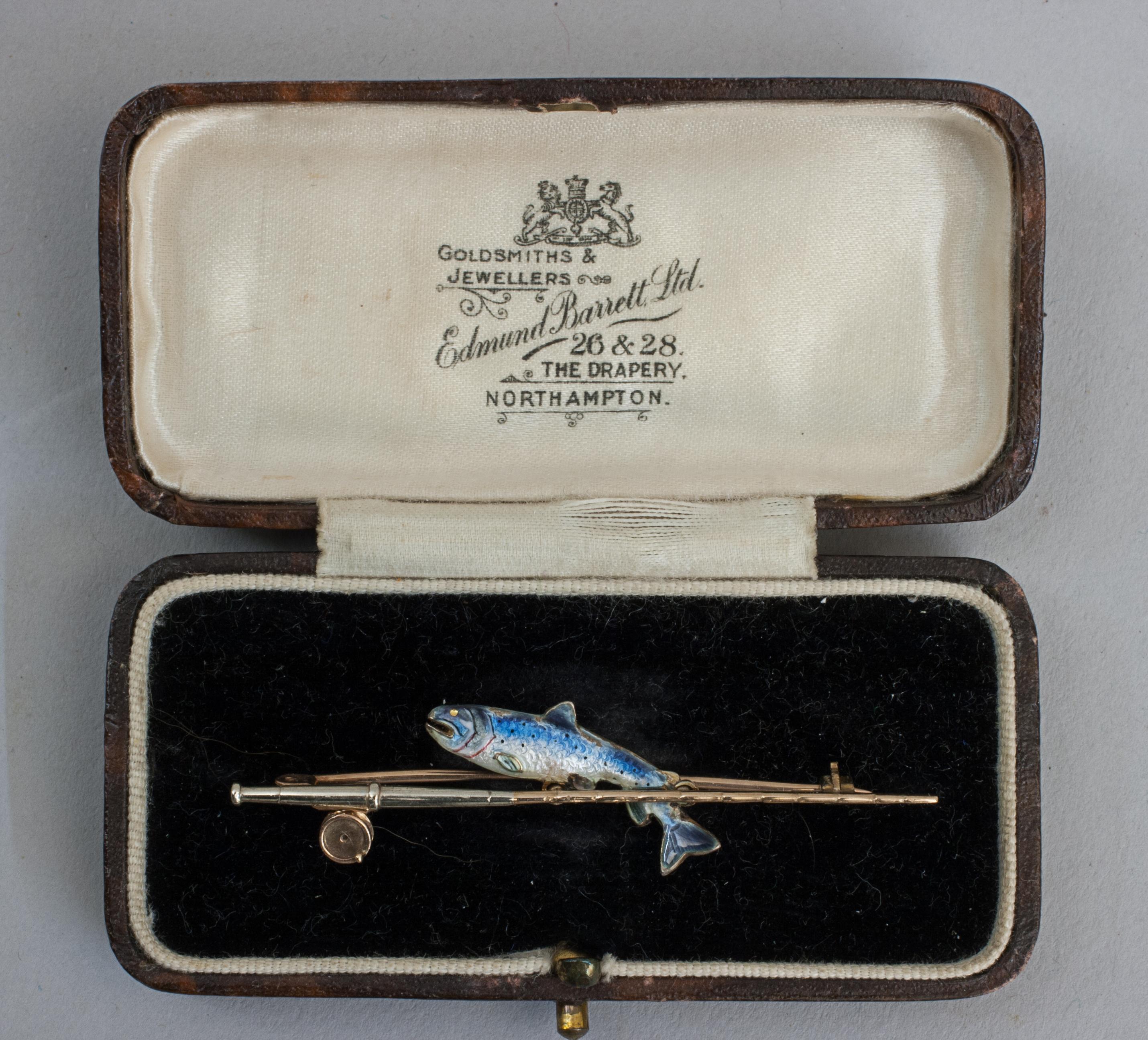 Sporting Art Gold Fishing Brooch With Trout And Rod For Sale