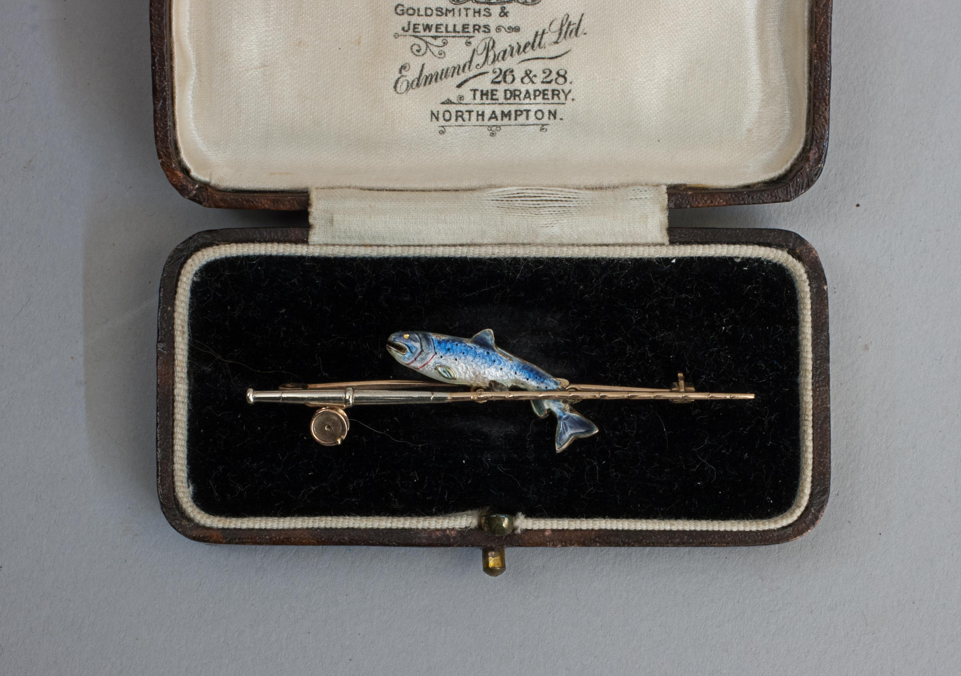 British Gold Fishing Brooch With Trout And Rod For Sale