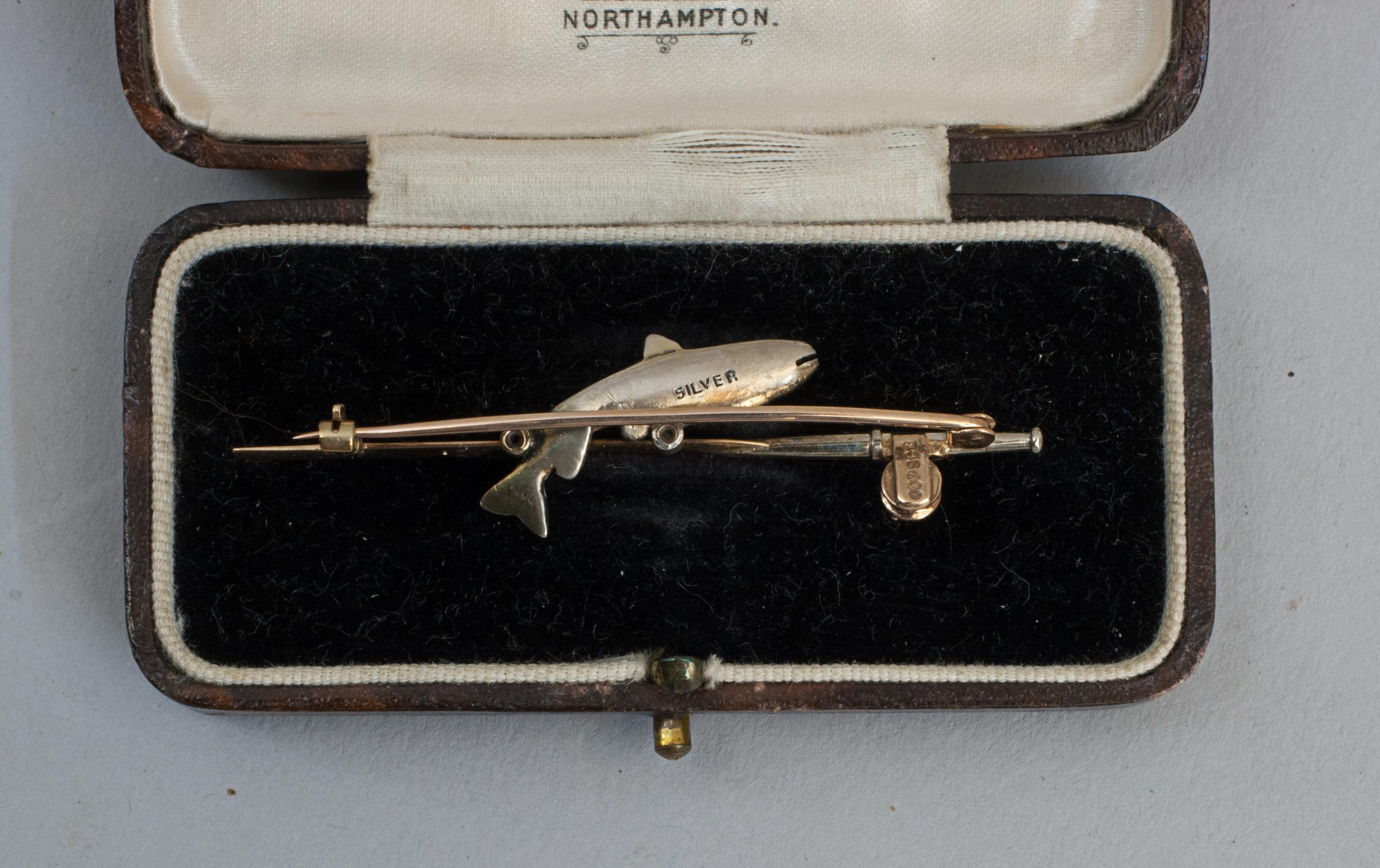 20th Century Gold Fishing Brooch With Trout And Rod For Sale