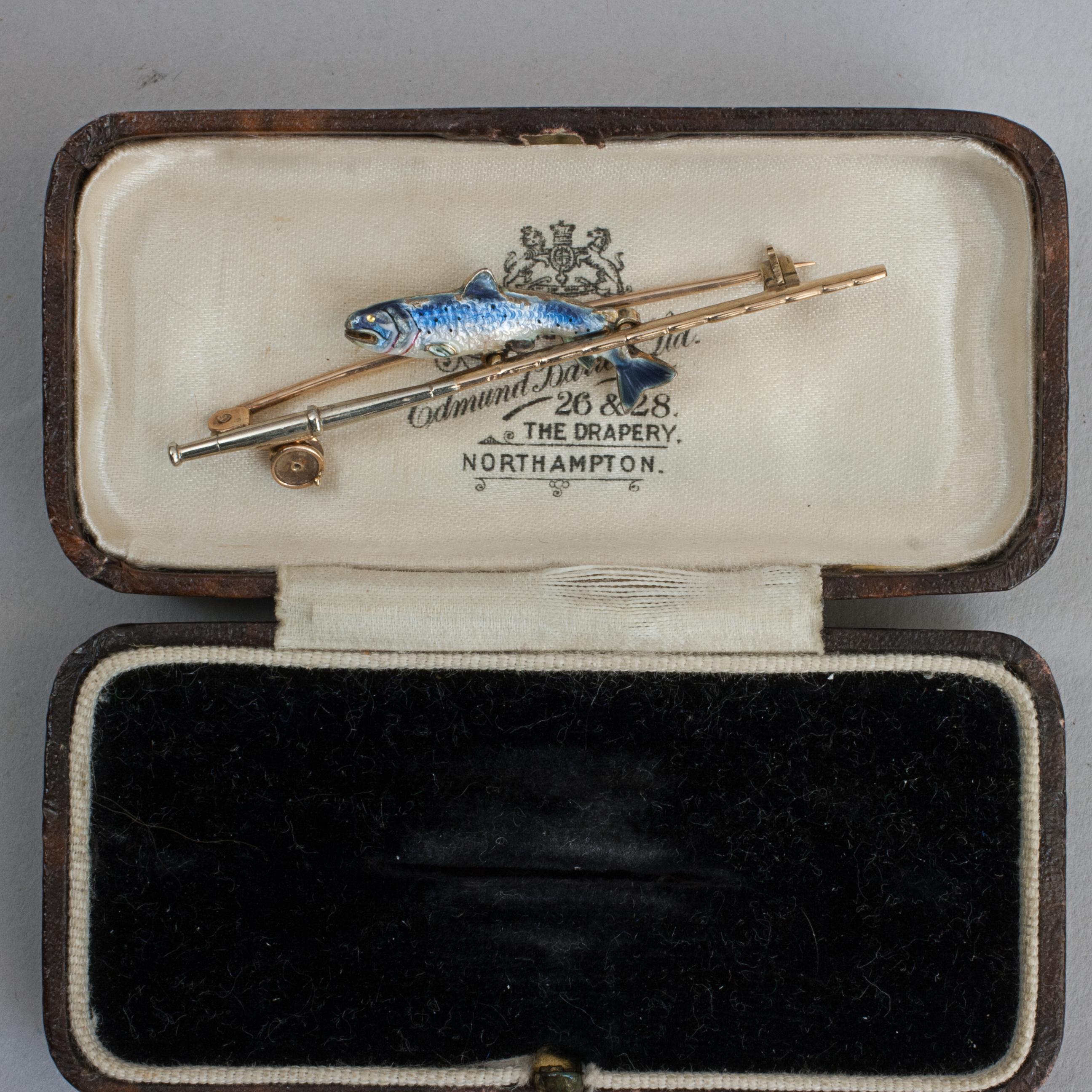 Gold Fishing Brooch With Trout And Rod For Sale 3