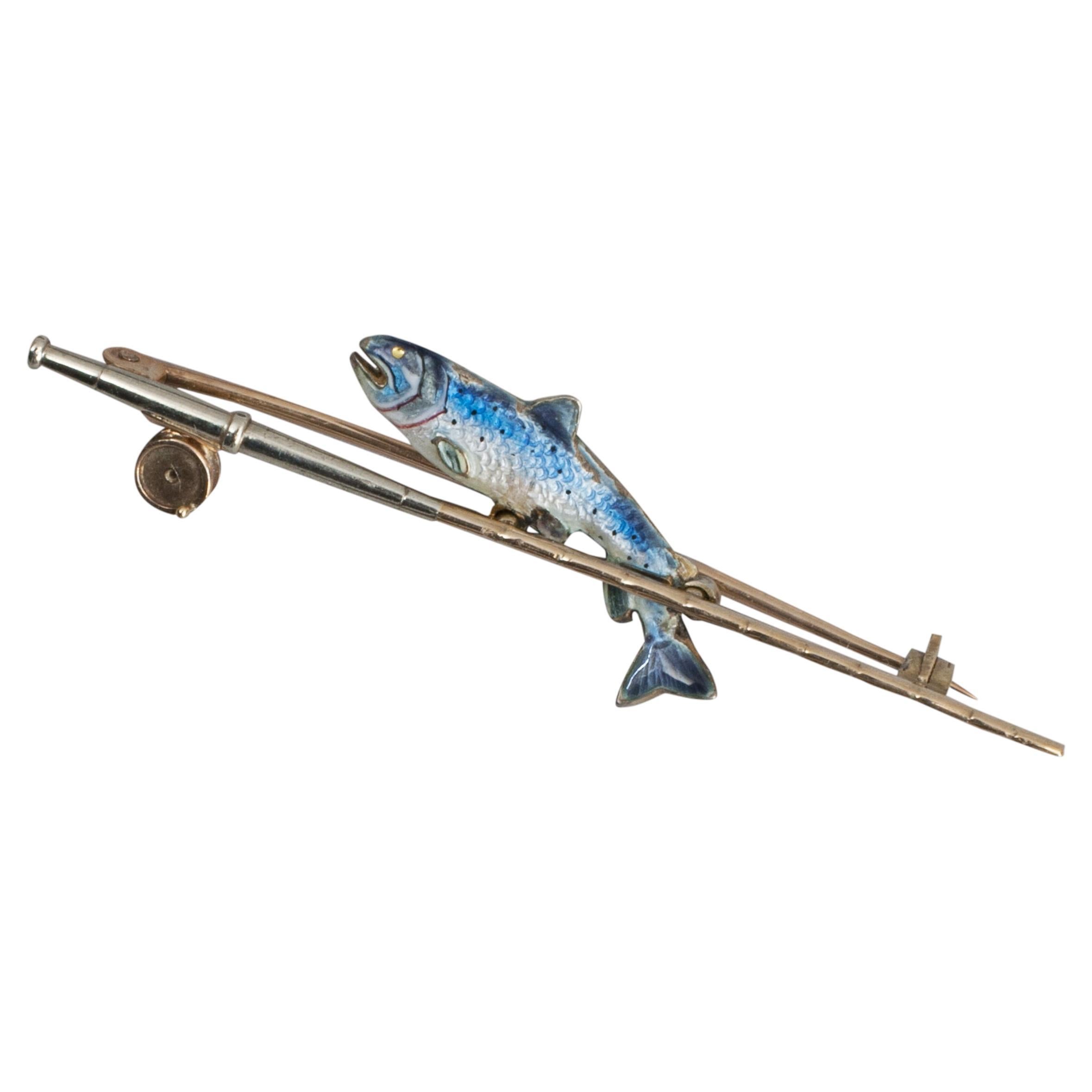 Gold Fishing Brooch With Trout And Rod