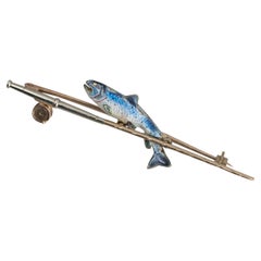Antique Gold Fishing Brooch With Trout And Rod