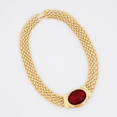 Gold Flat Chain Choker Necklace With Ruby Glass Cabochon By Napier, 1980s