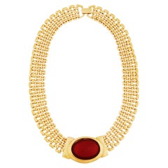 Gold Flat Chain Choker Necklace With Ruby Glass Cabochon By Napier, 1980s