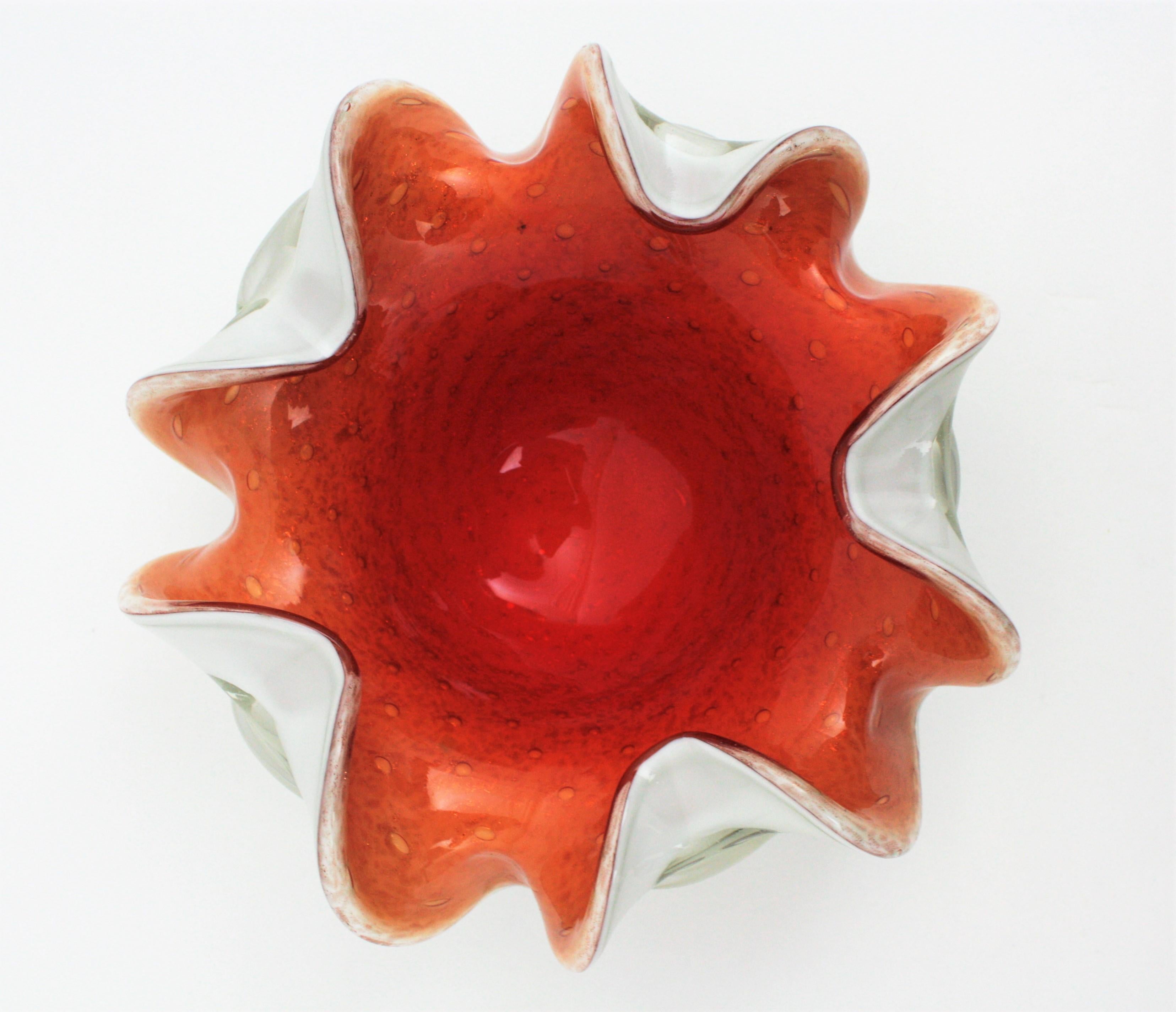 Gold Flecked Bullicante Orange Red White Sommerso Murano Art Glass Flower Bowl 5