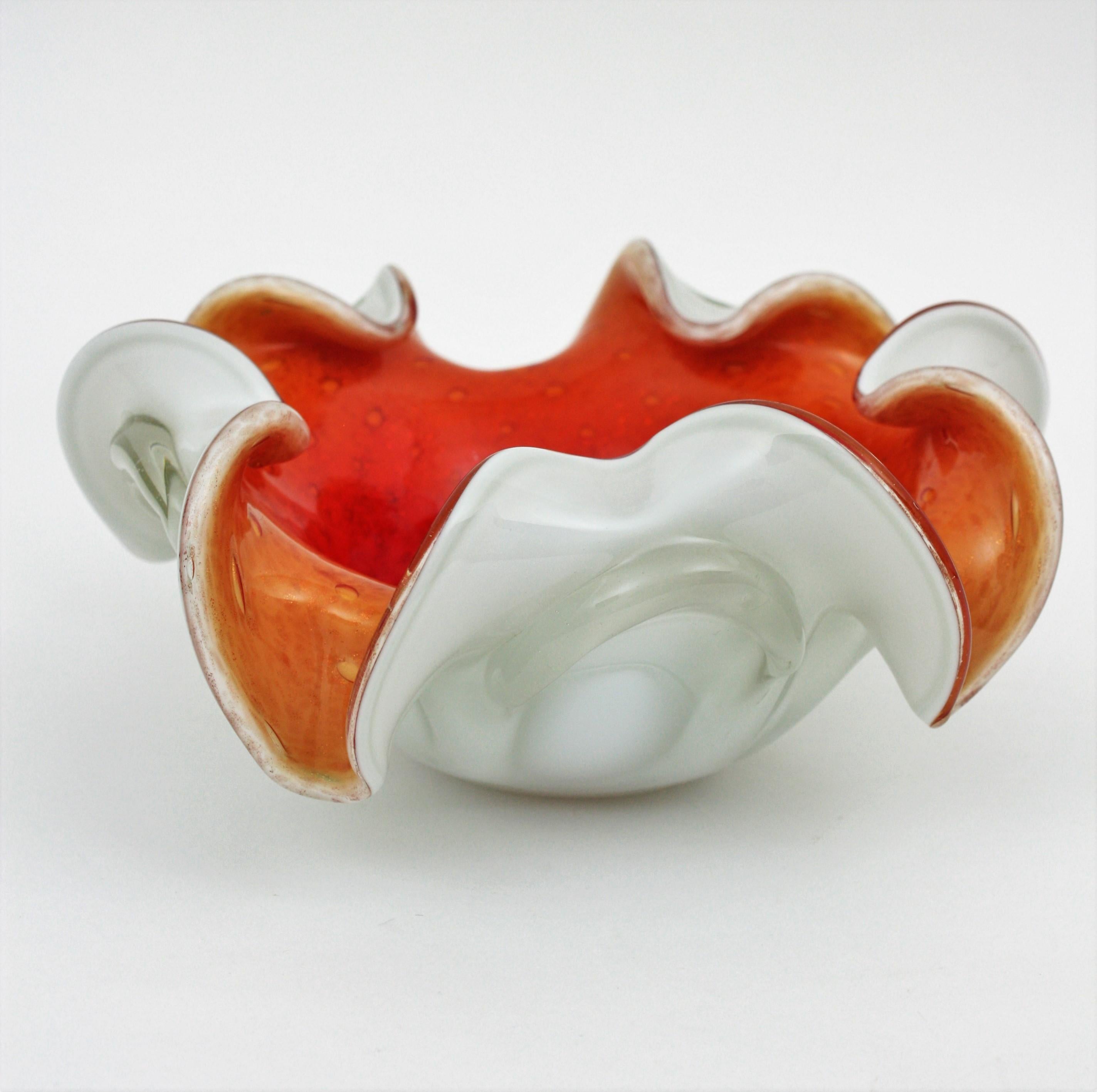 Gold Flecked Bullicante Orange Red White Sommerso Murano Art Glass Flower Bowl 8