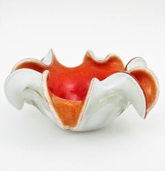 Gold Flecked Bullicante Orange Red White Sommerso Murano Art Glass Flower Bowl