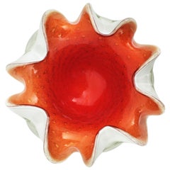 Gold Flecked Bullicante Orange Red White Sommerso Murano Art Glass Flower Bowl